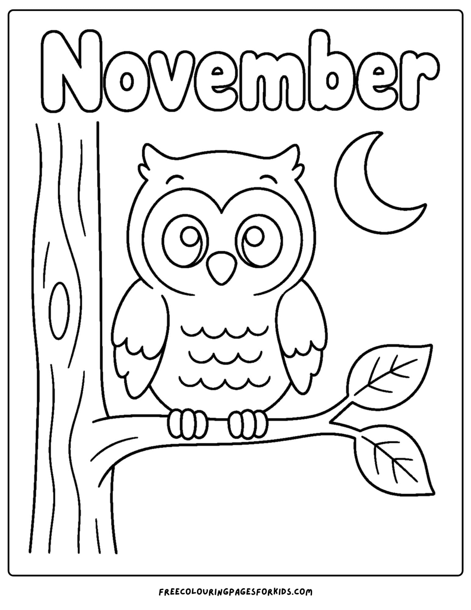 a coloring page to celebrate the month of november that features an owl on a tree branch at night