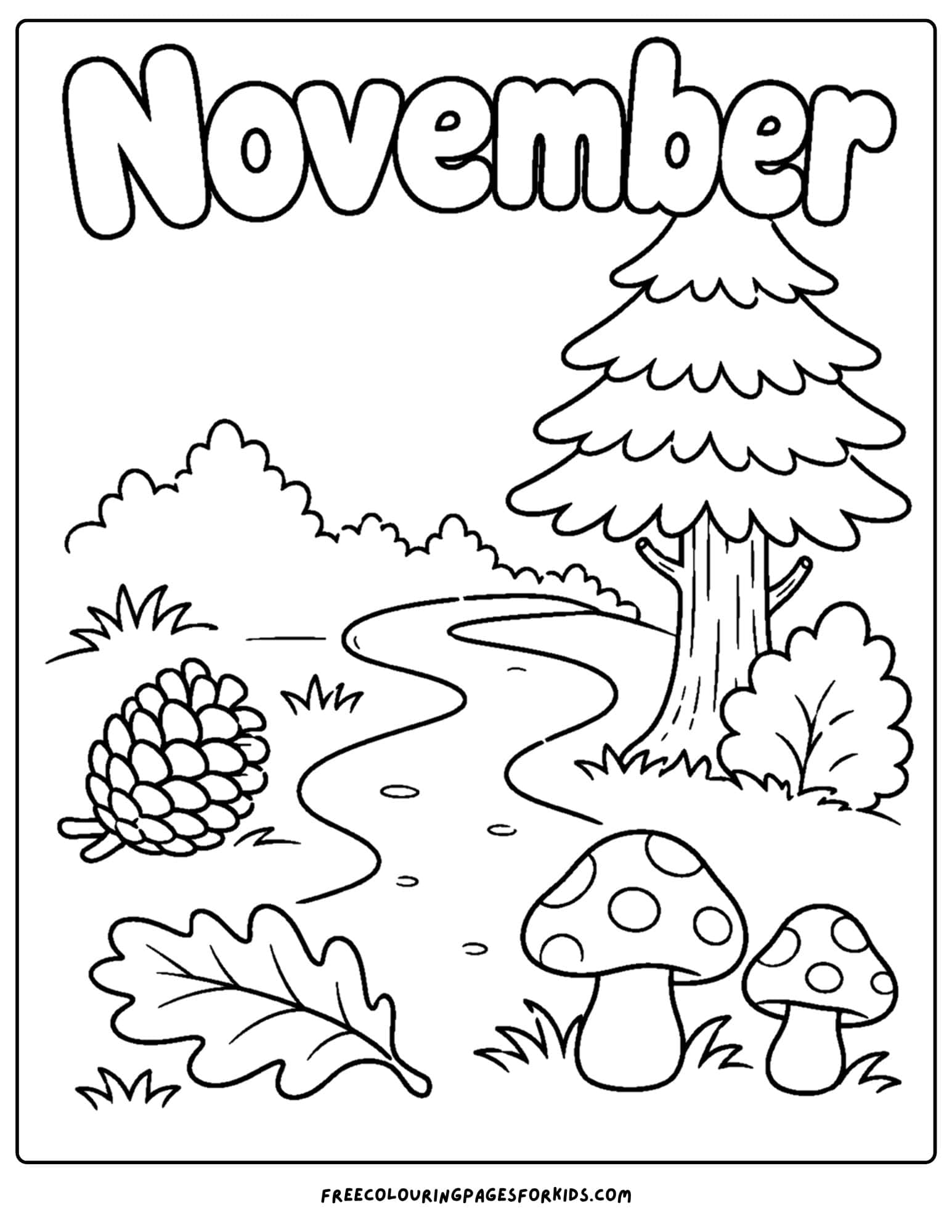a coloring page to celebrate the month of november that features a woodland path amongst trees and mushrooms