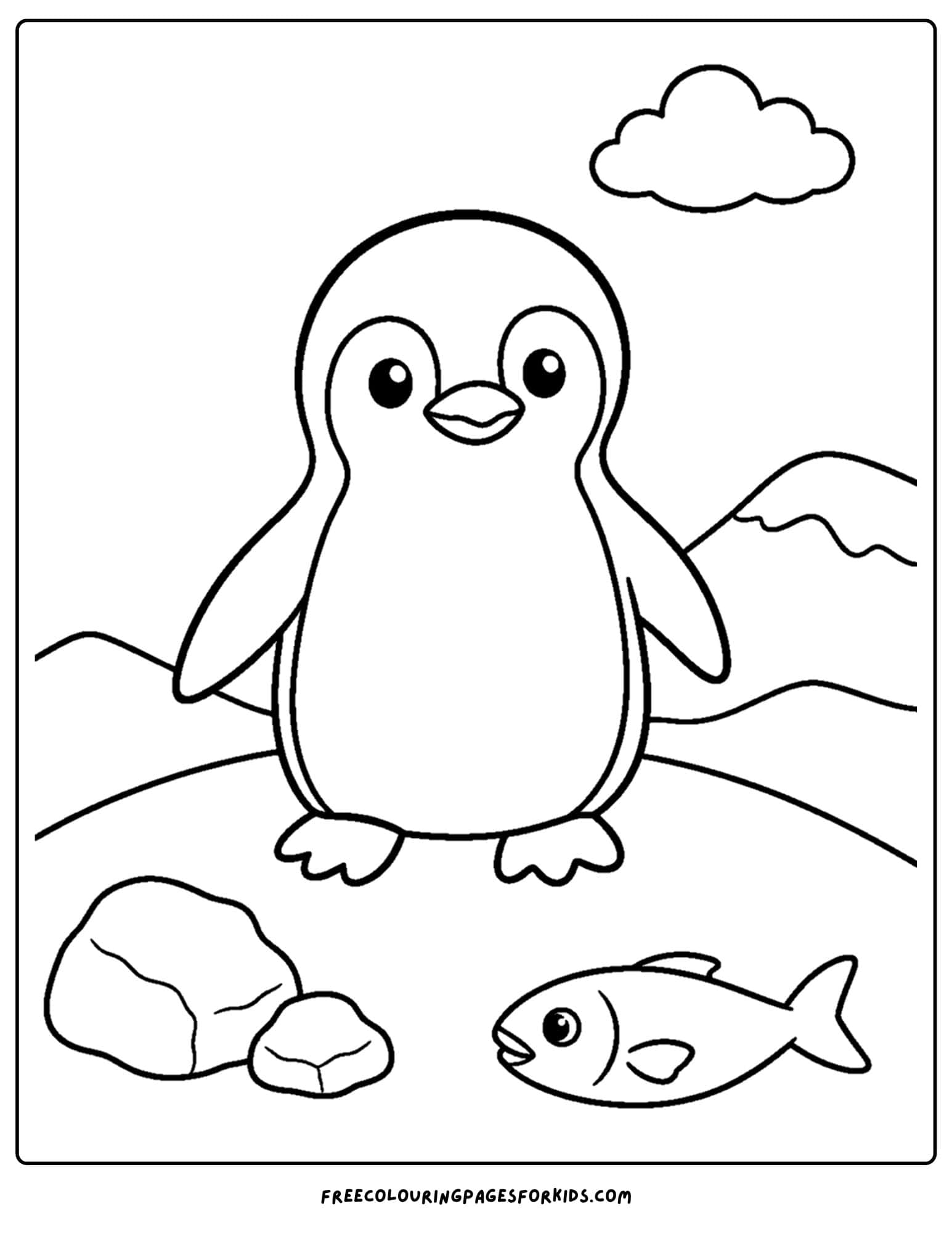 a coloring page of an adelie penguin with a fish