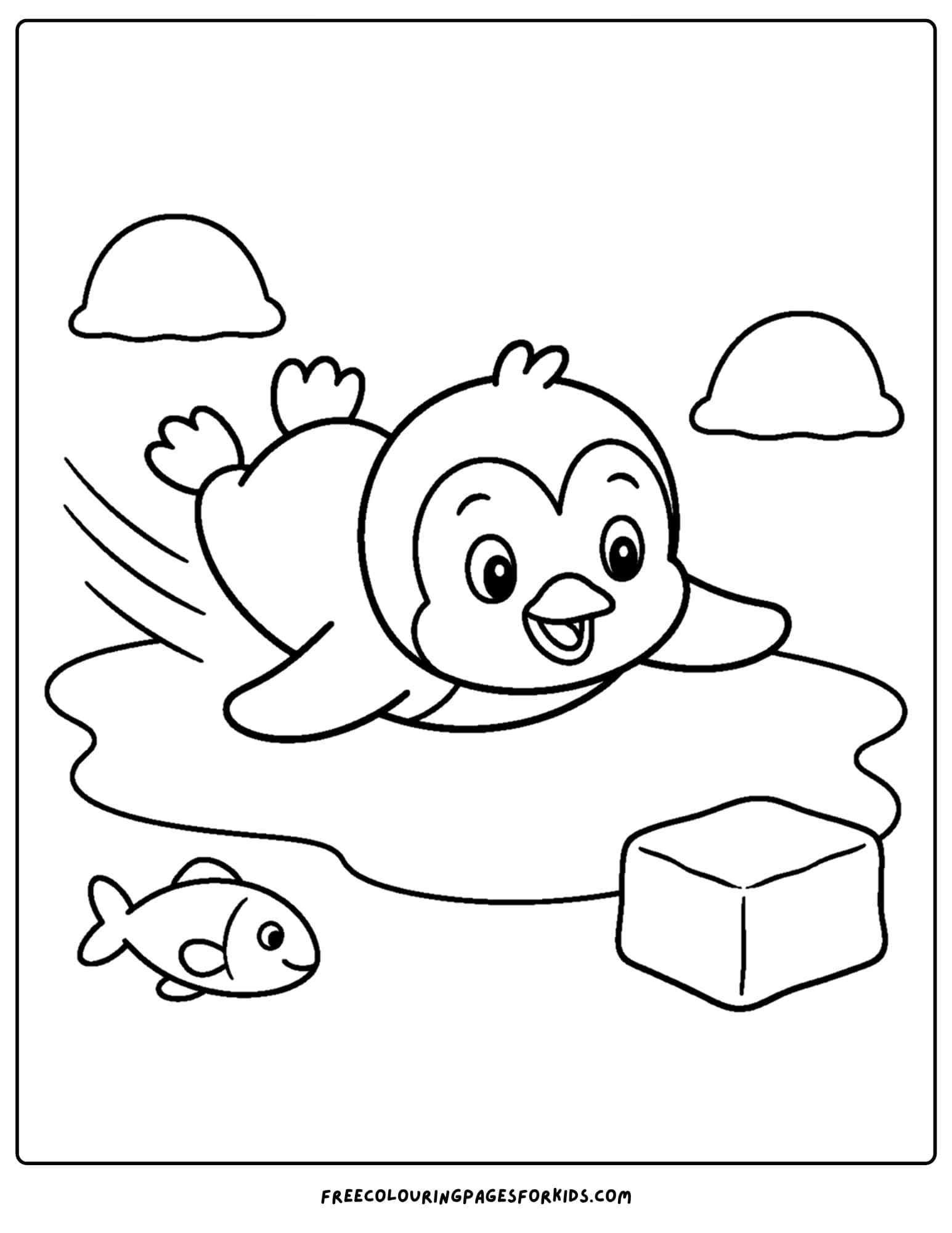 a coloring page of a baby penguin sliding on the ice