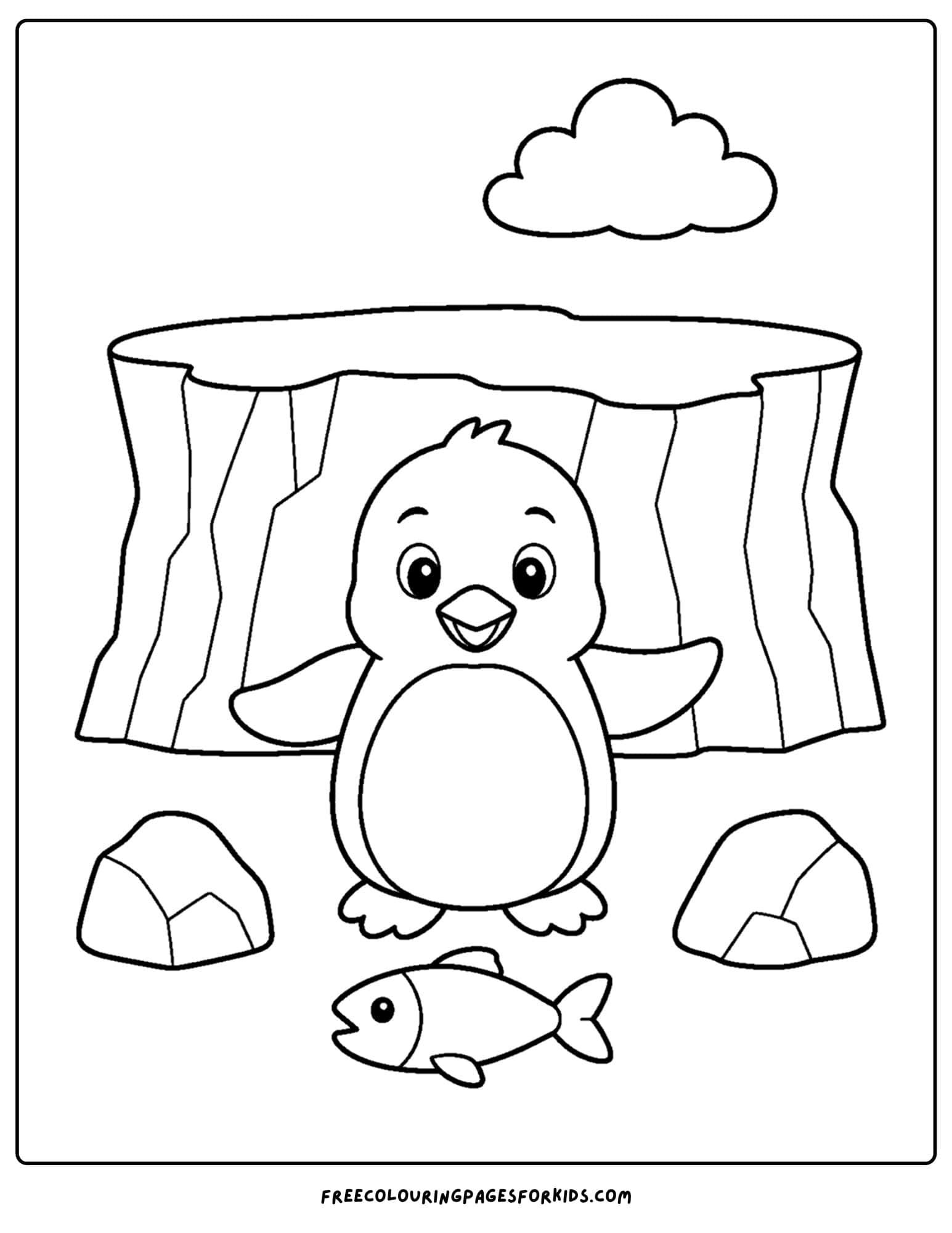 a coloring page of a penguin below an ice cliff
