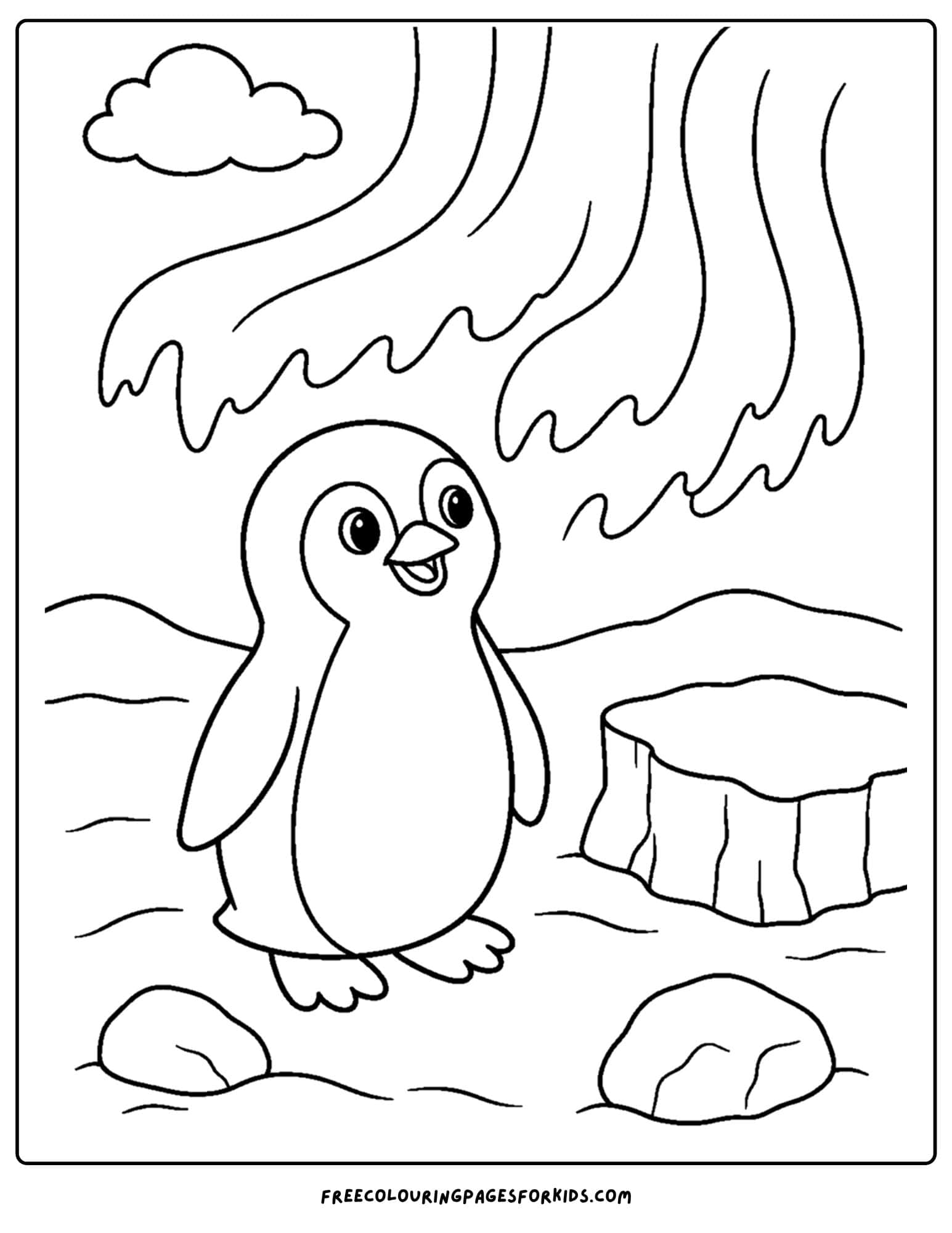 a coloring page of a penguin watching the aurora in the sky