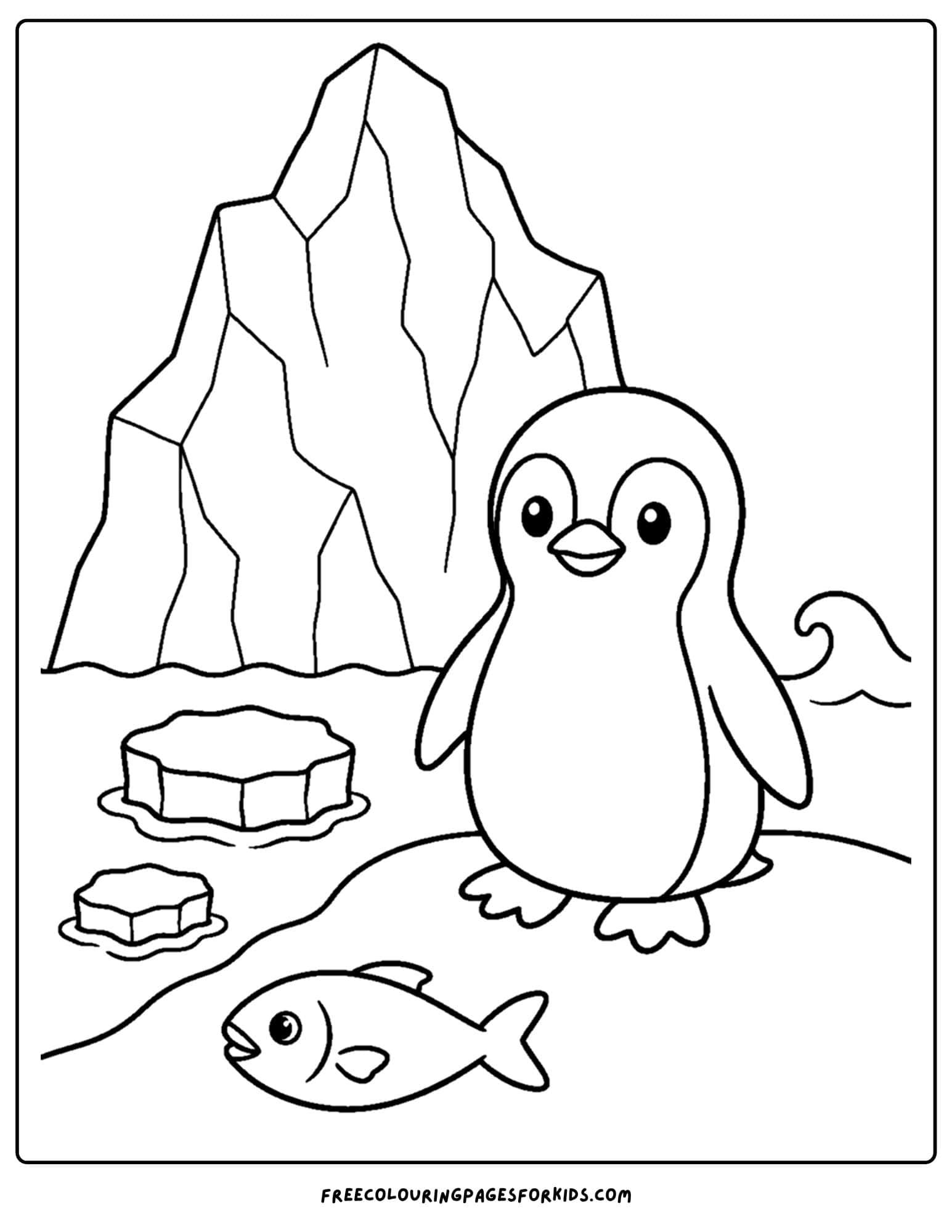 a coloring page of a penguin beside a large iceberg