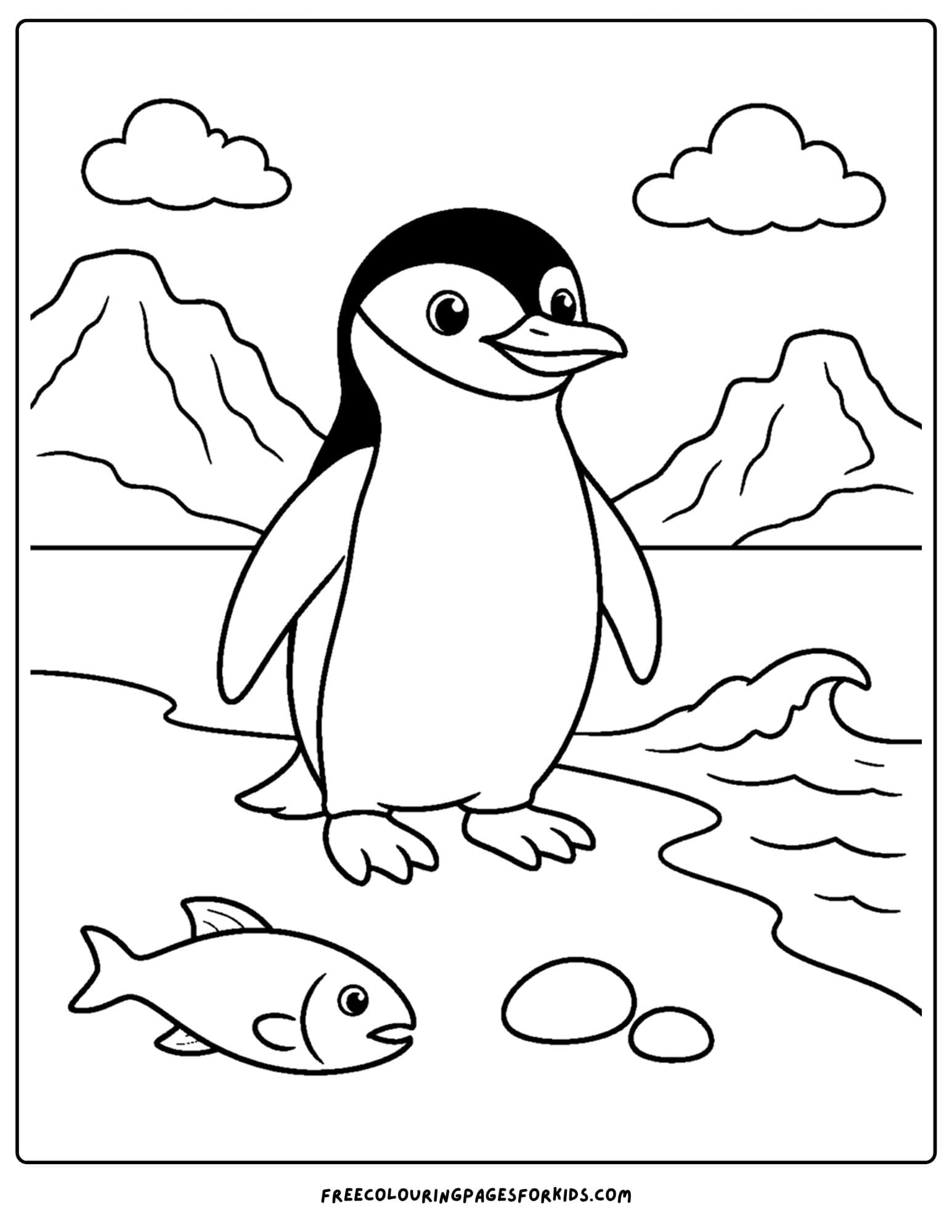 a coloring page of a chinstrap penguin on a snowy shore