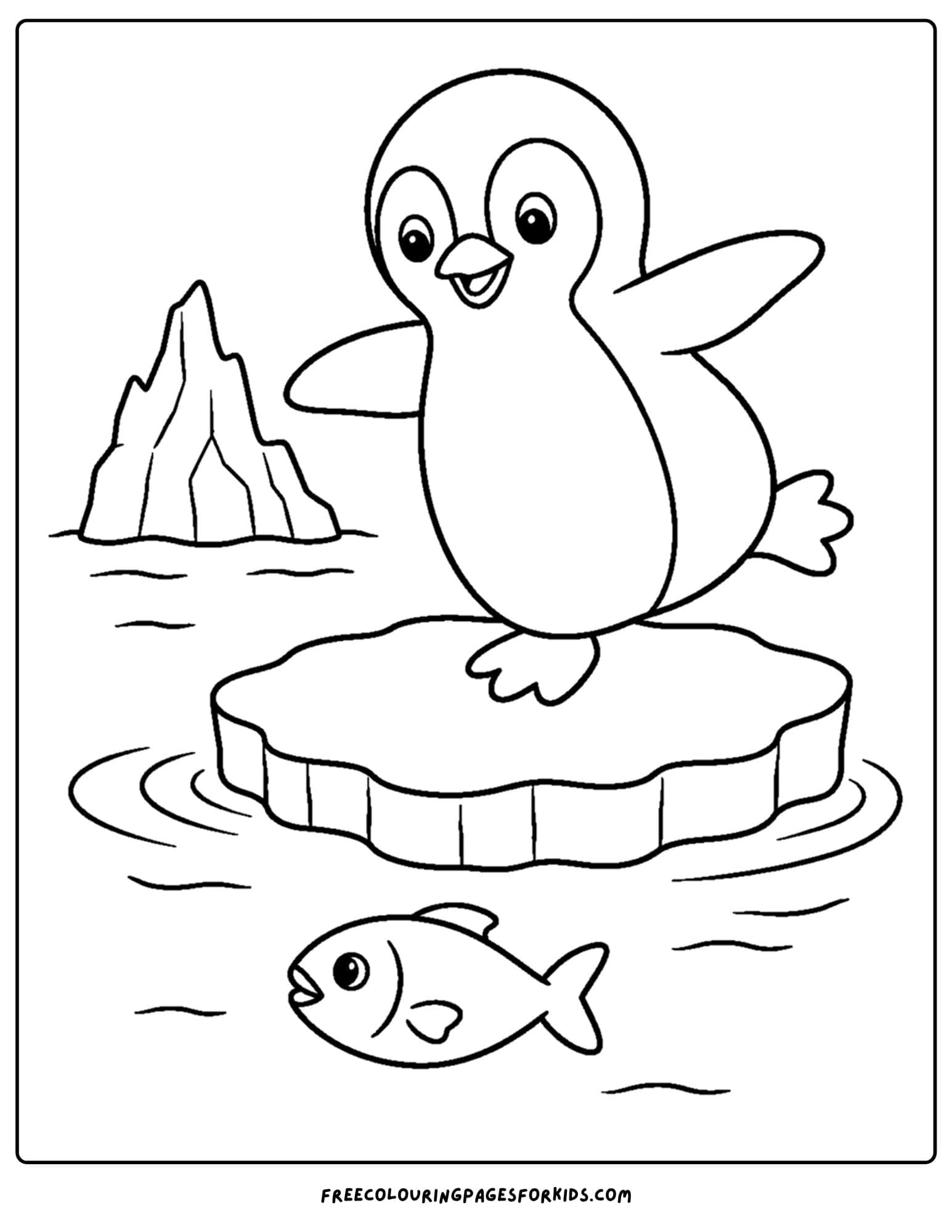a coloring page of a penguin balancing on an ice patch
