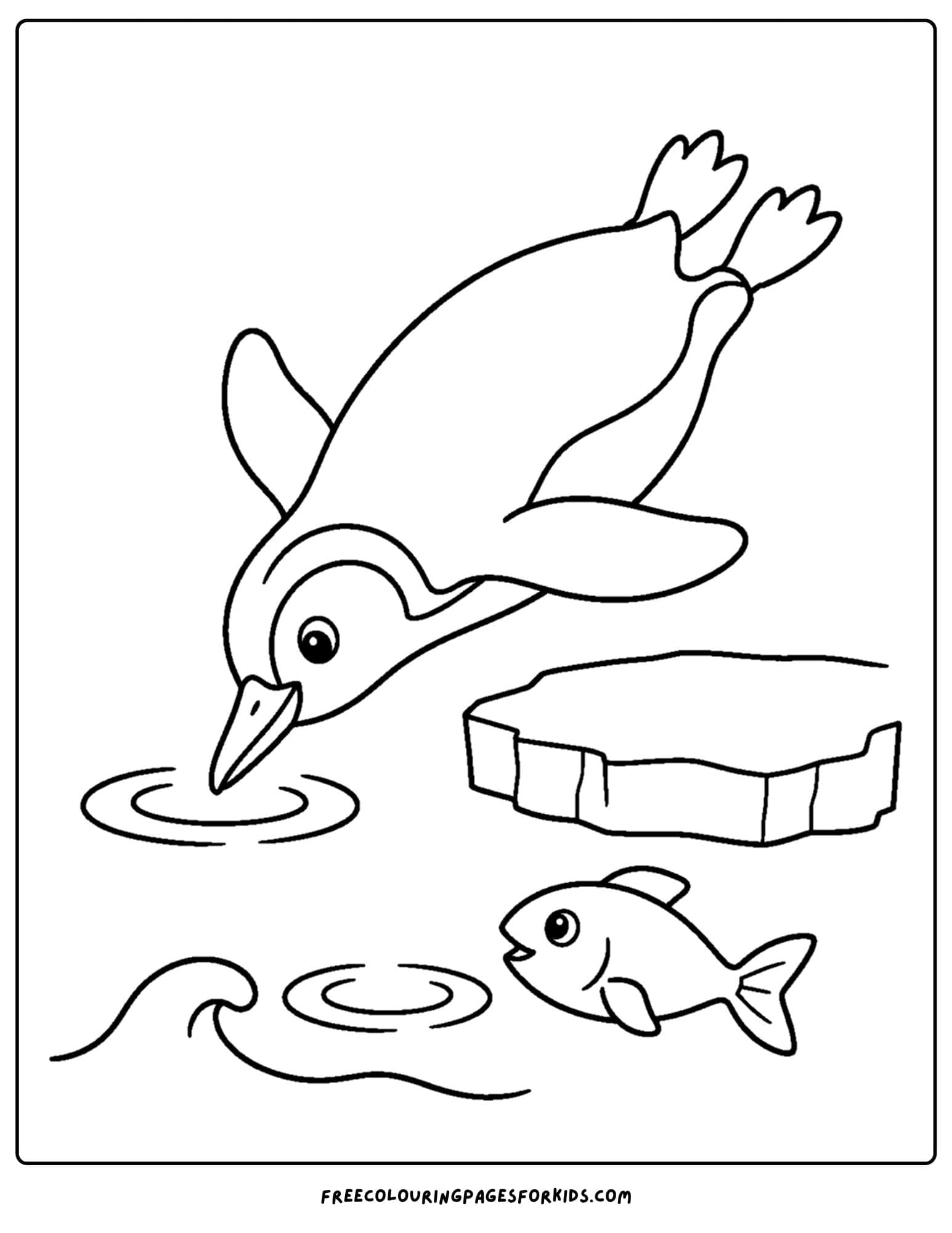 a coloring page of a gentoo penguin diving into the water