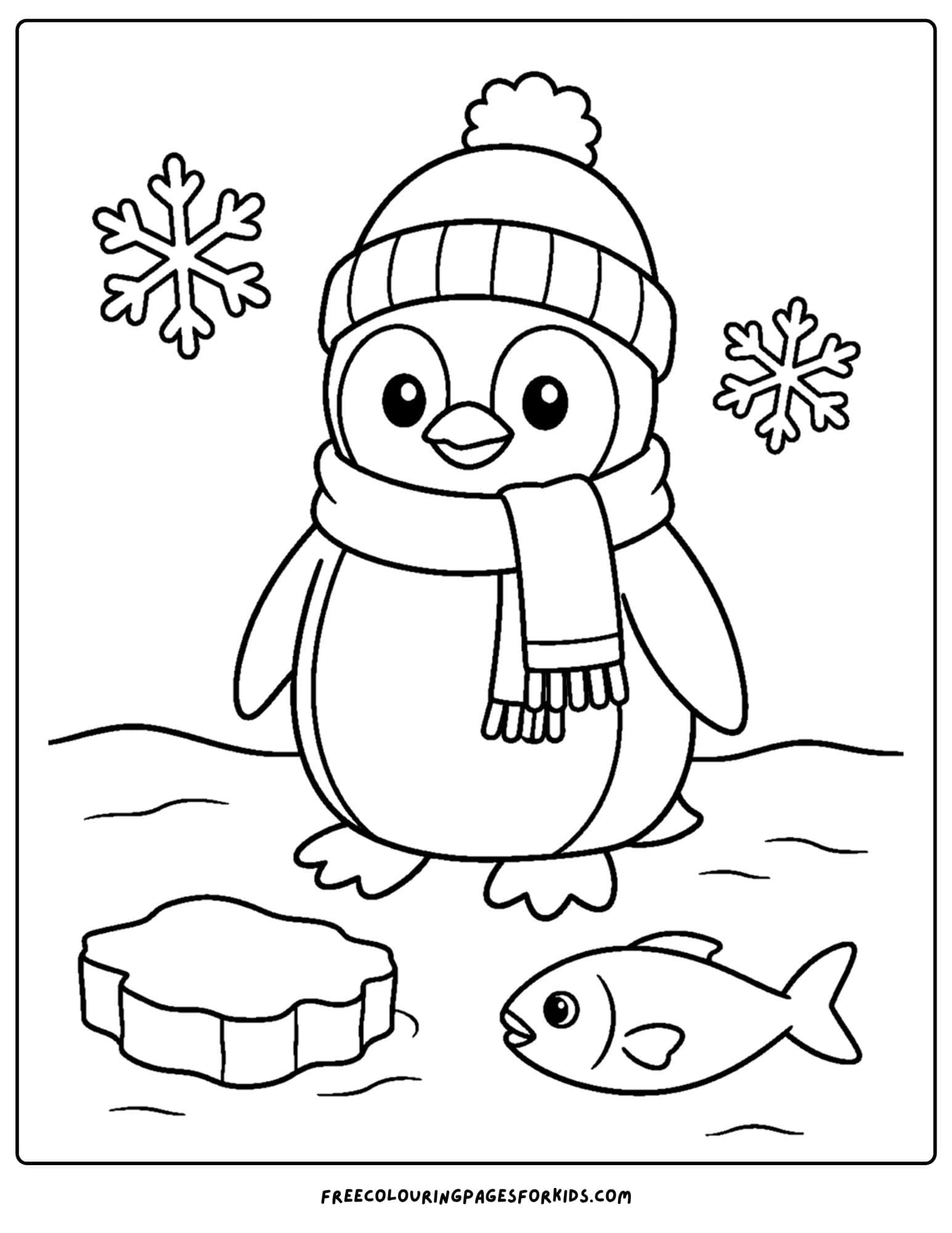a coloring page of a penguin wearing a scarf and beanie