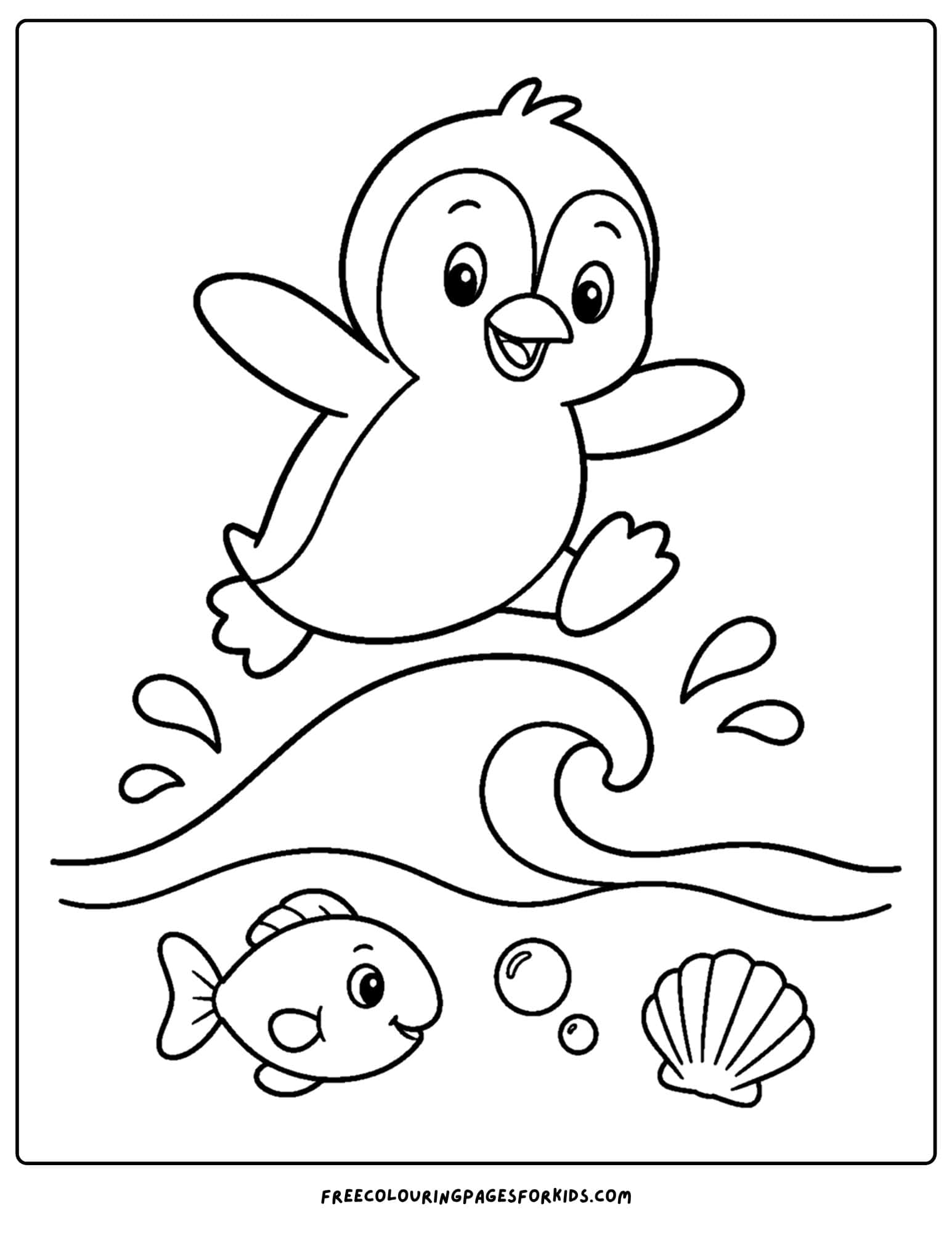 a coloring page of a penguin jumping over waves