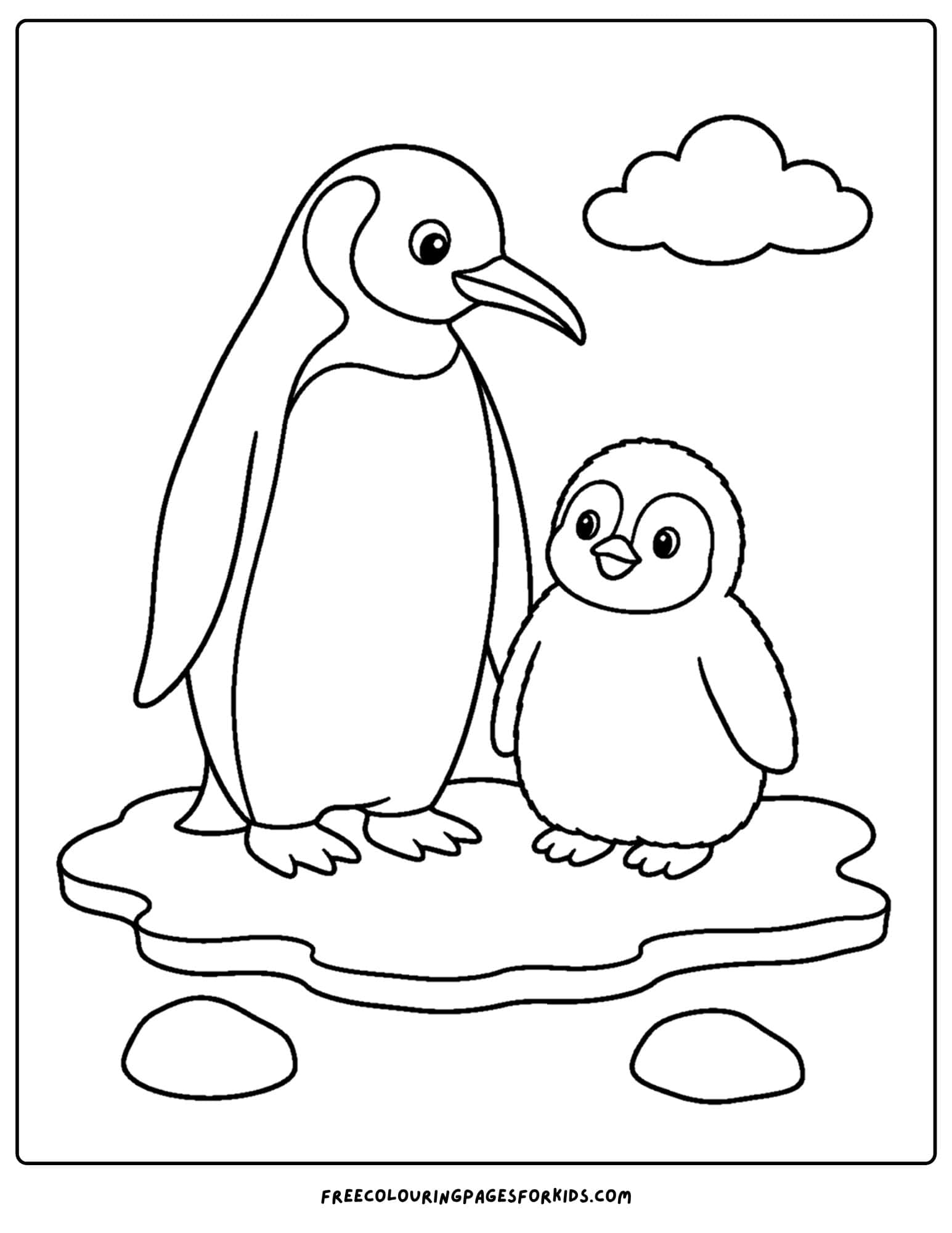 a coloring page of a king penguin and chick