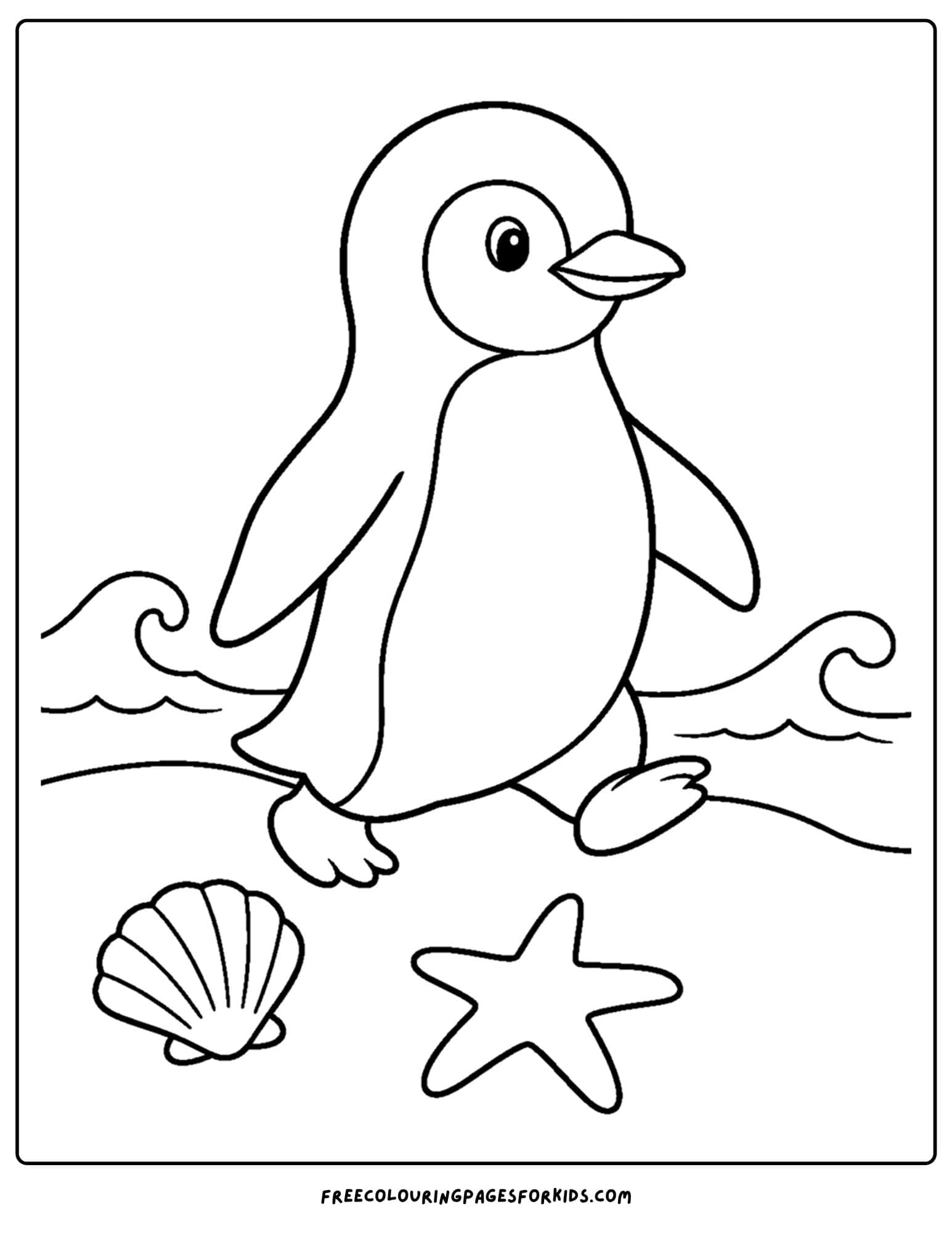 a coloring page of a little penguin on the beach