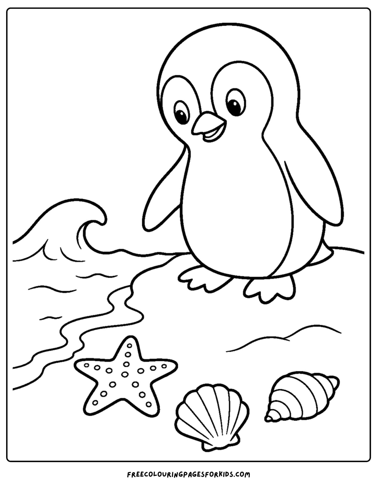 a coloring page of a penguin looking at a starfish