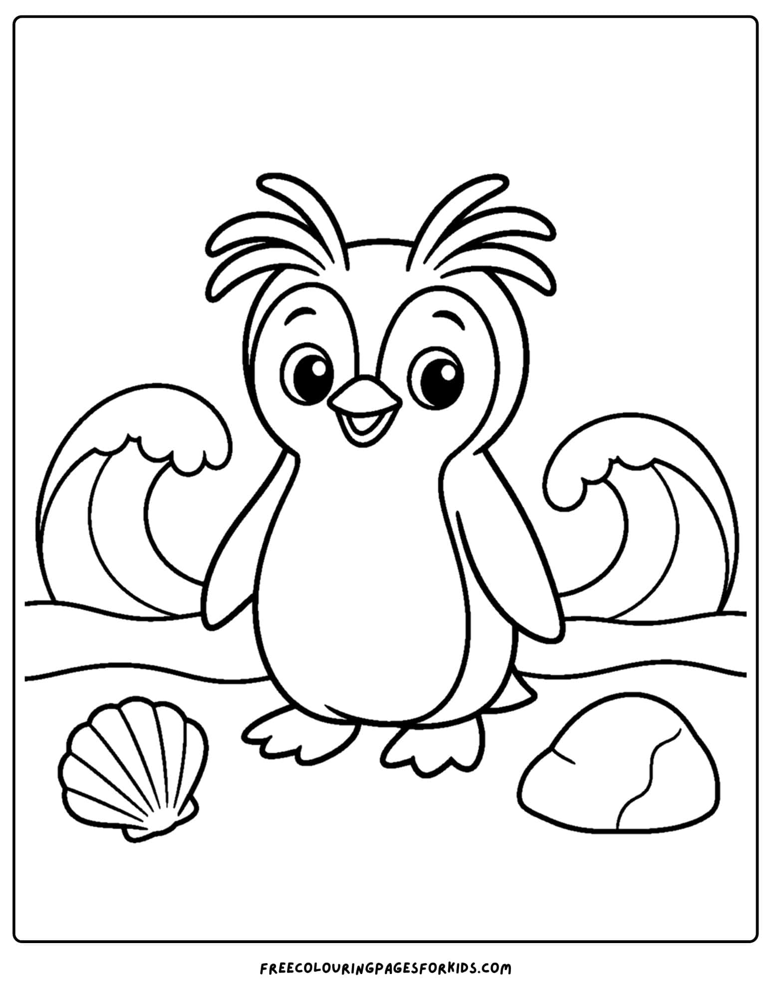 a coloring page of a macaroni penguin watching the waves