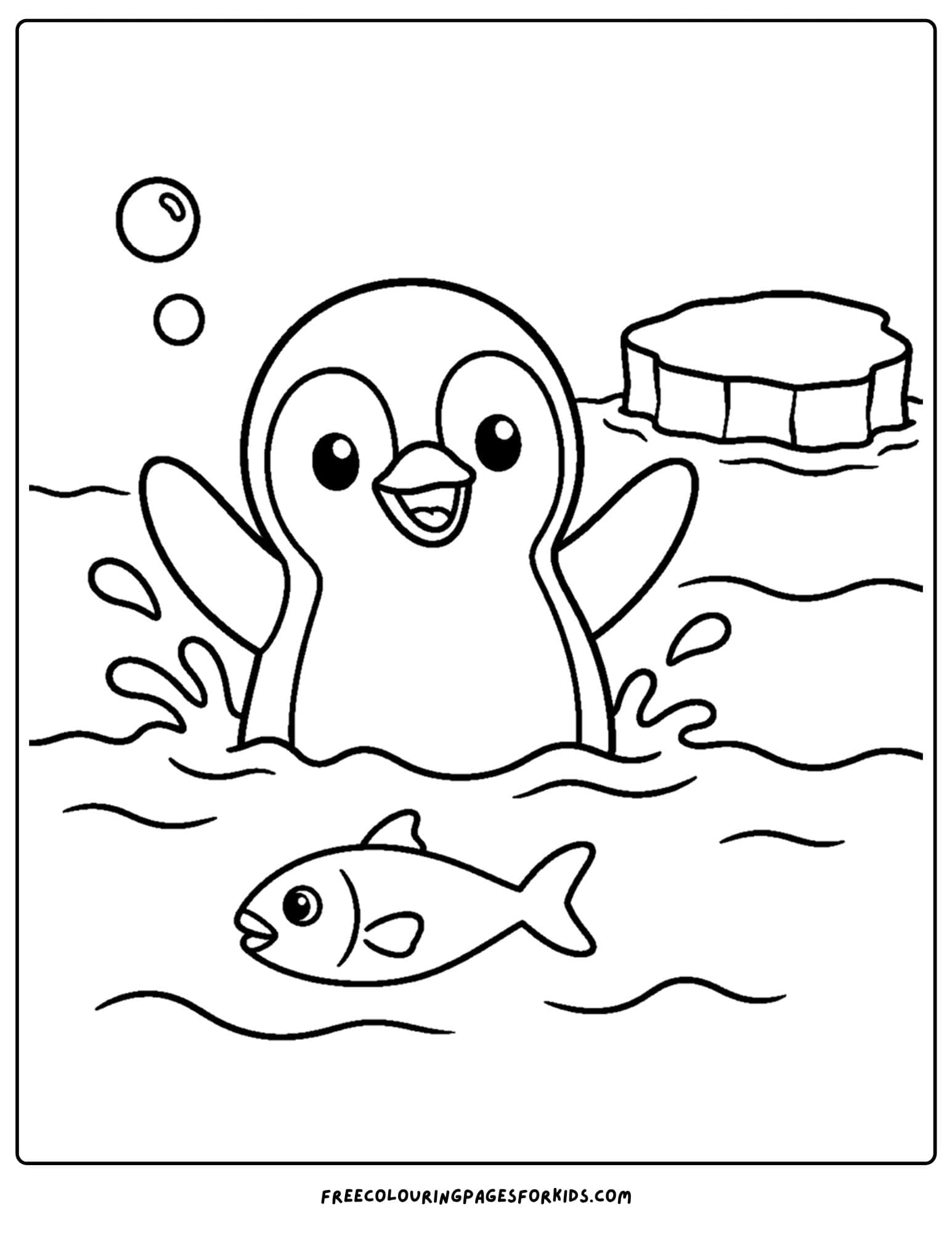 a coloring page of a penguin popping up out of the ocean