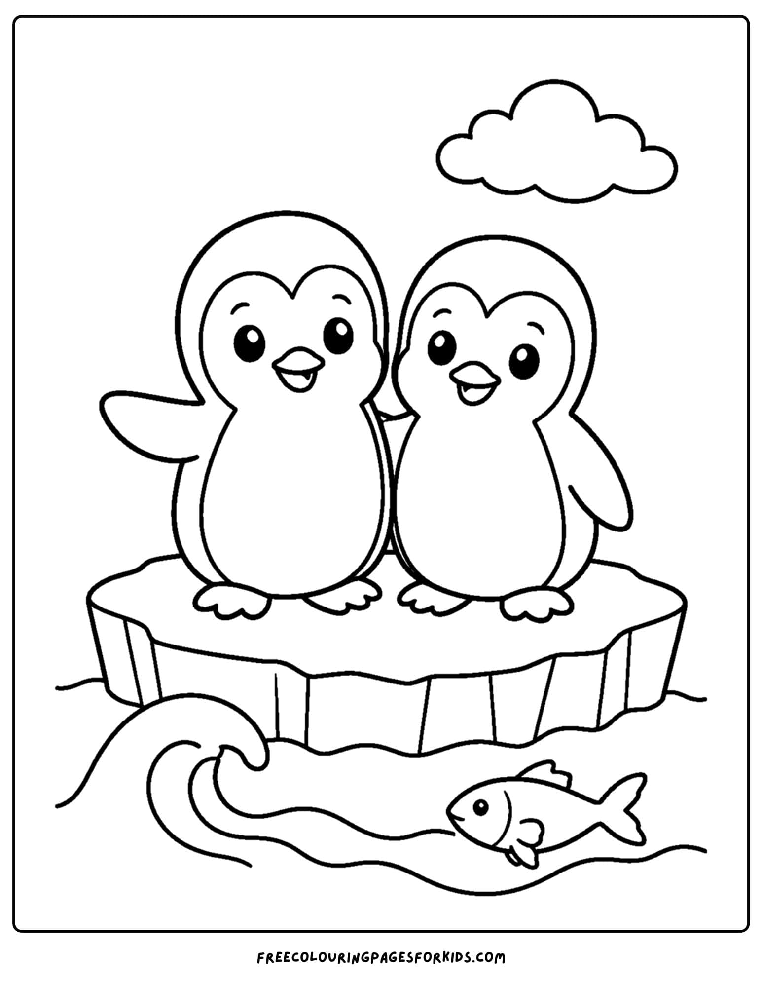 a coloring page of a penguin and friend on the ice