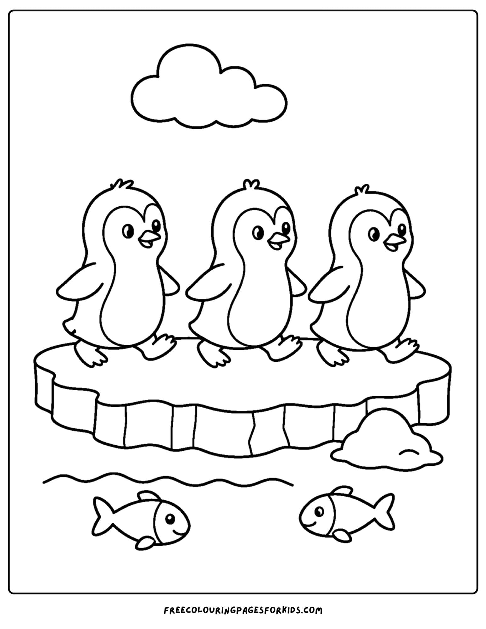 a coloring page of three penguins on the ice together
