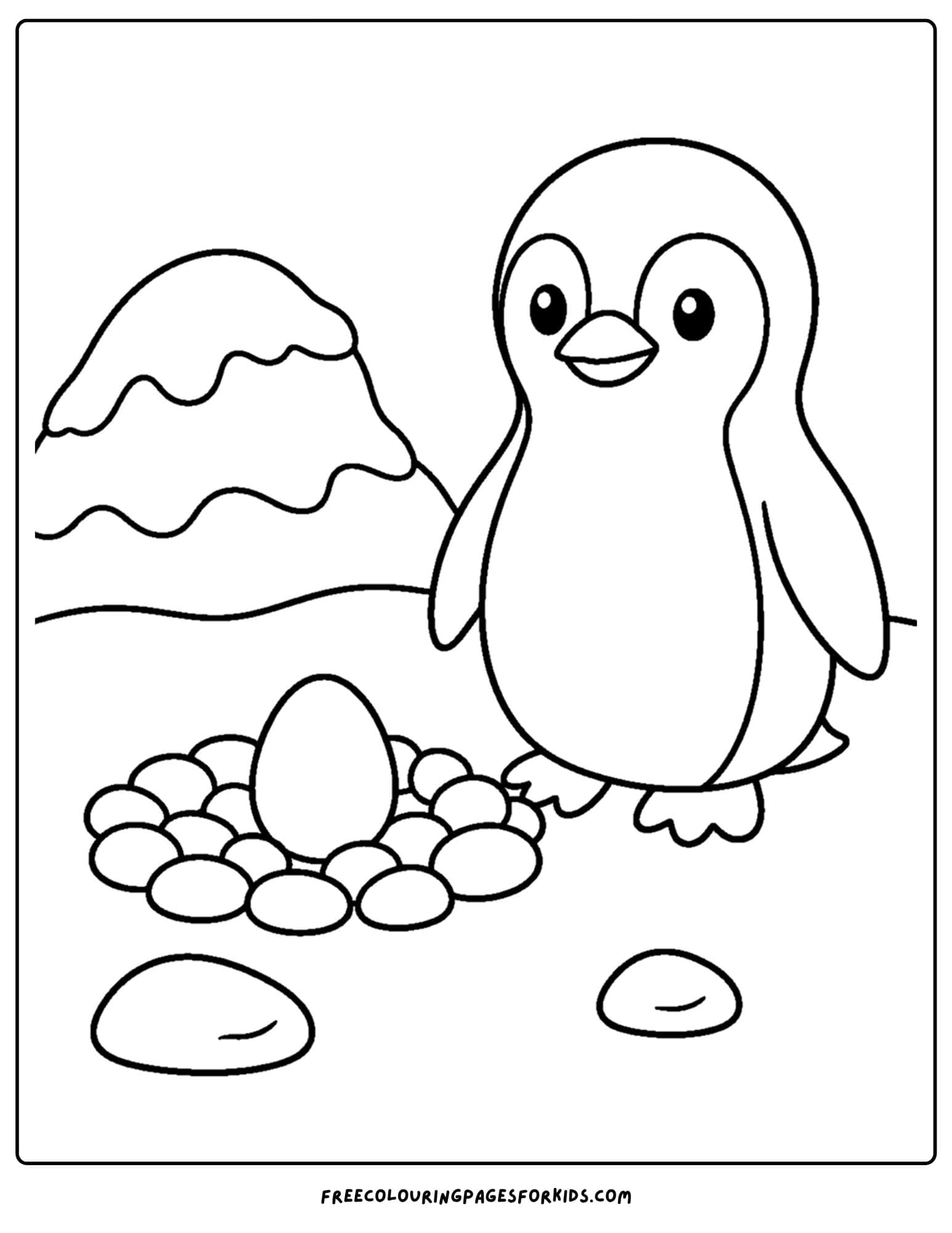 a coloring page of a penguin beside an egg in a rocky nest