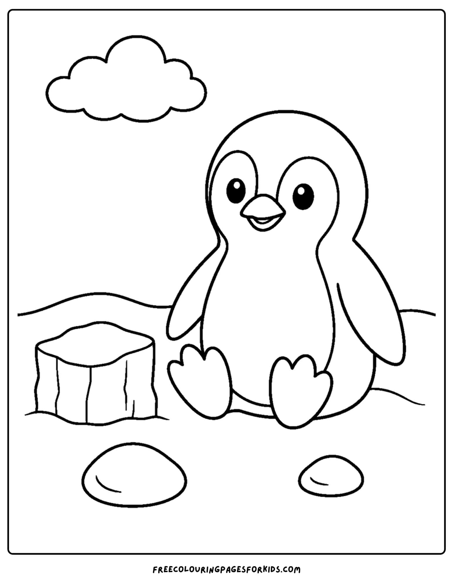 a coloring page of a penguin resting on the snow