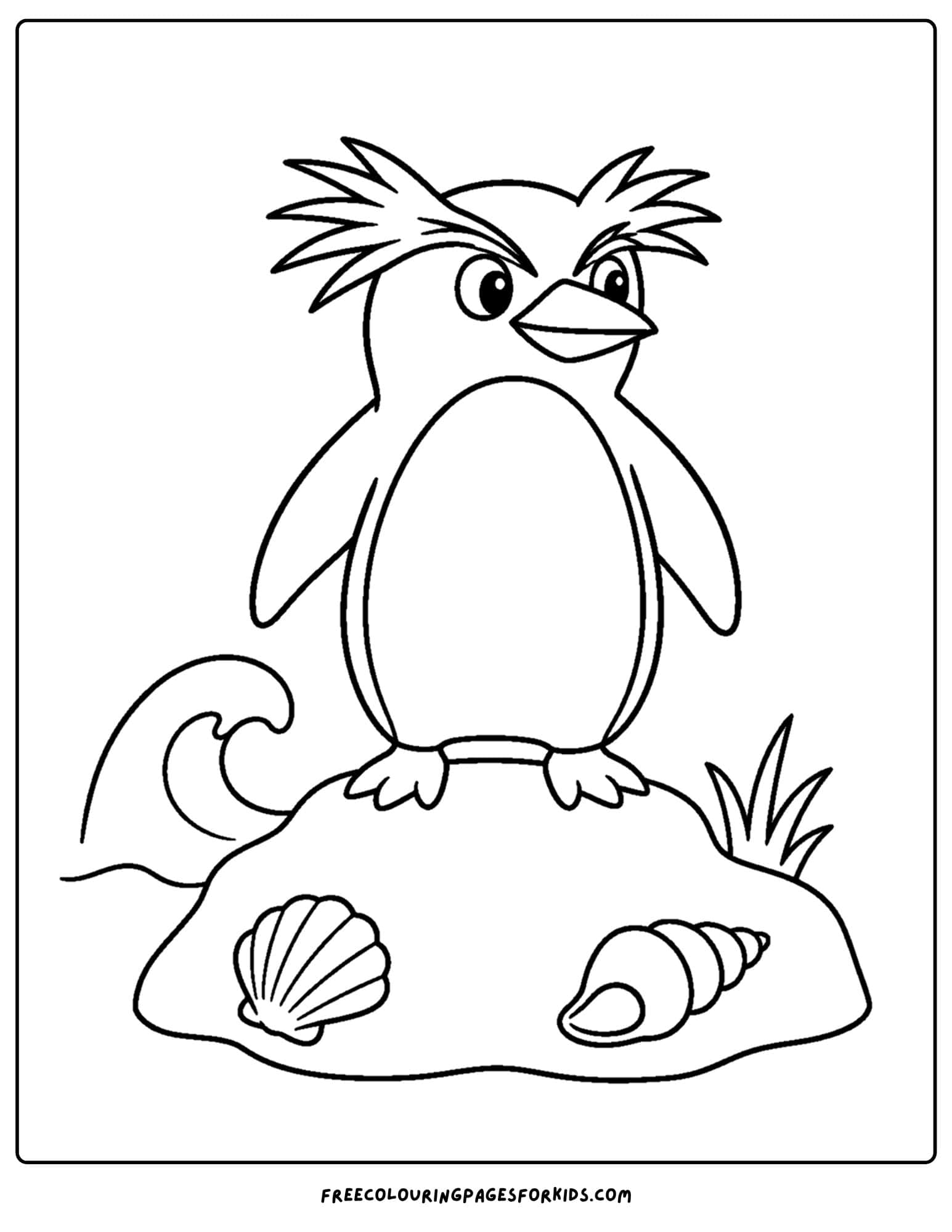 a coloring page of a macaroni penguin on a small island with shells and wave in the background