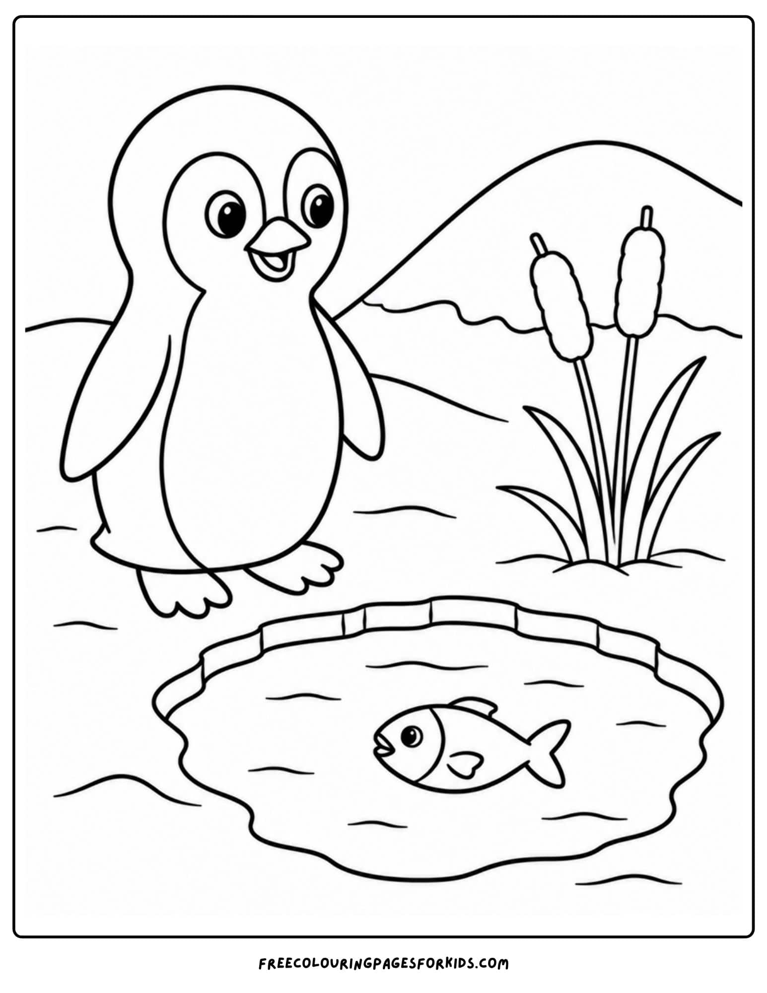 a coloring page of a penguin looking through a hold in the ice at a fish