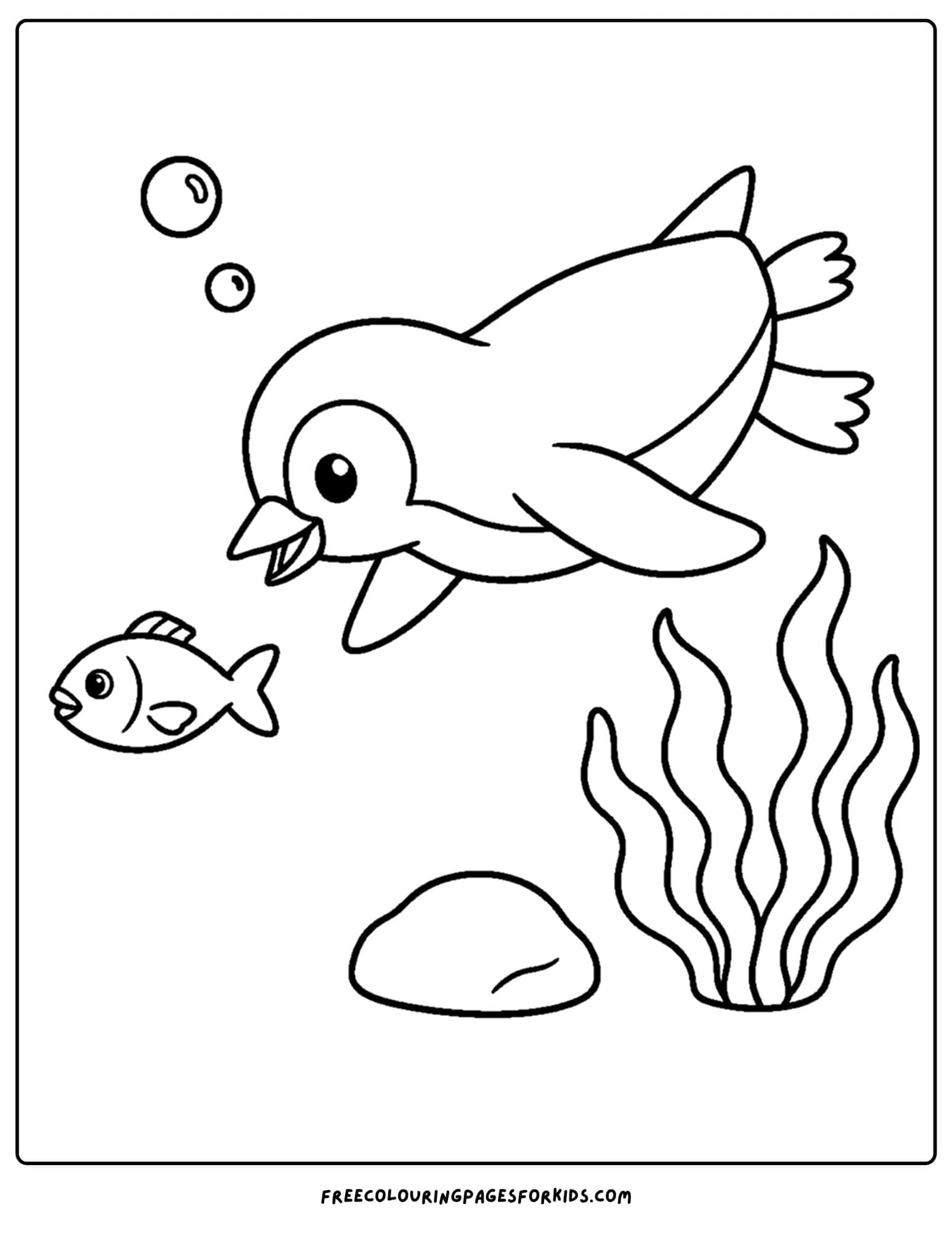 a coloring page of a penguin swimming underwater after a fish