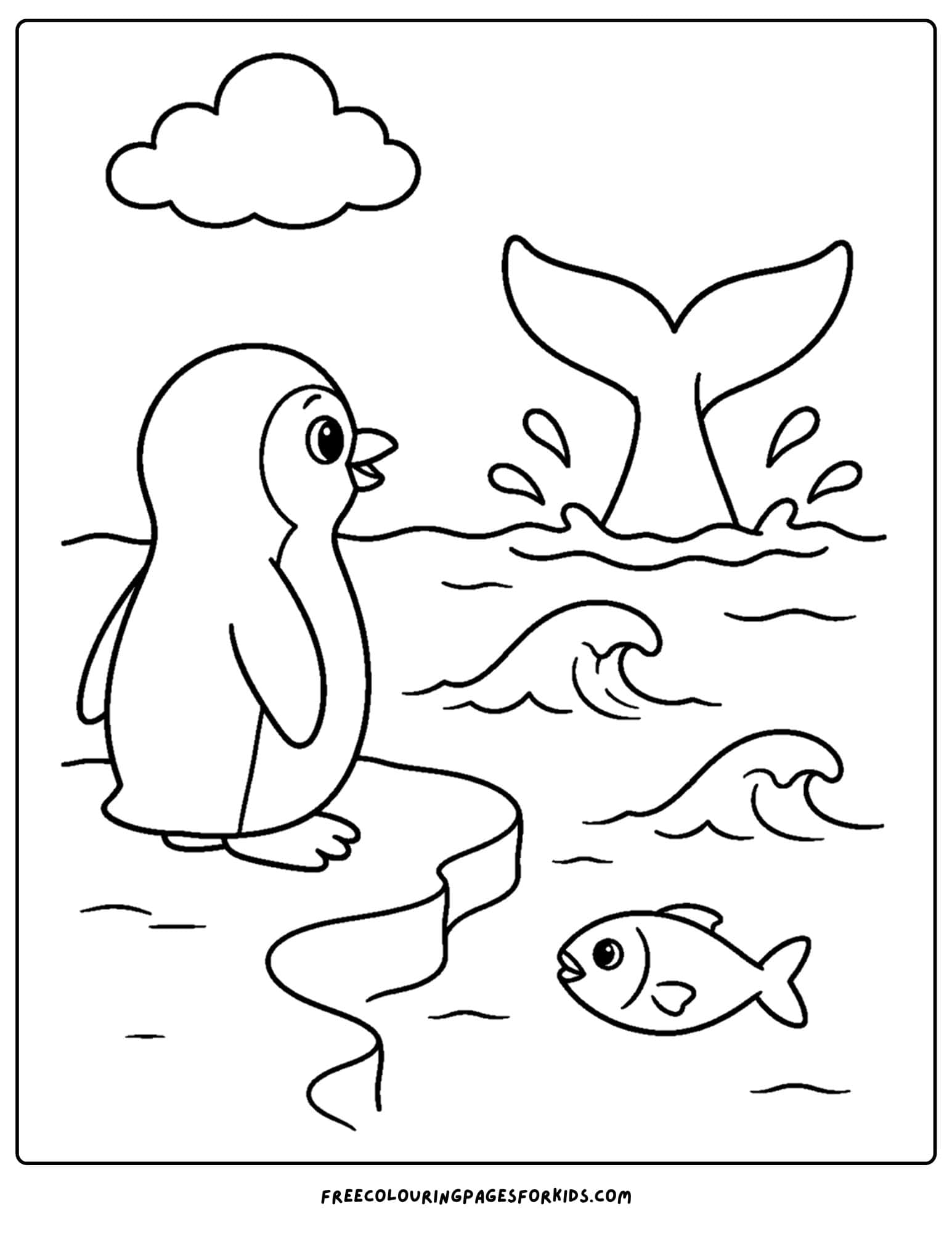 a coloring page of a penguin watching a wail tail dive into the water