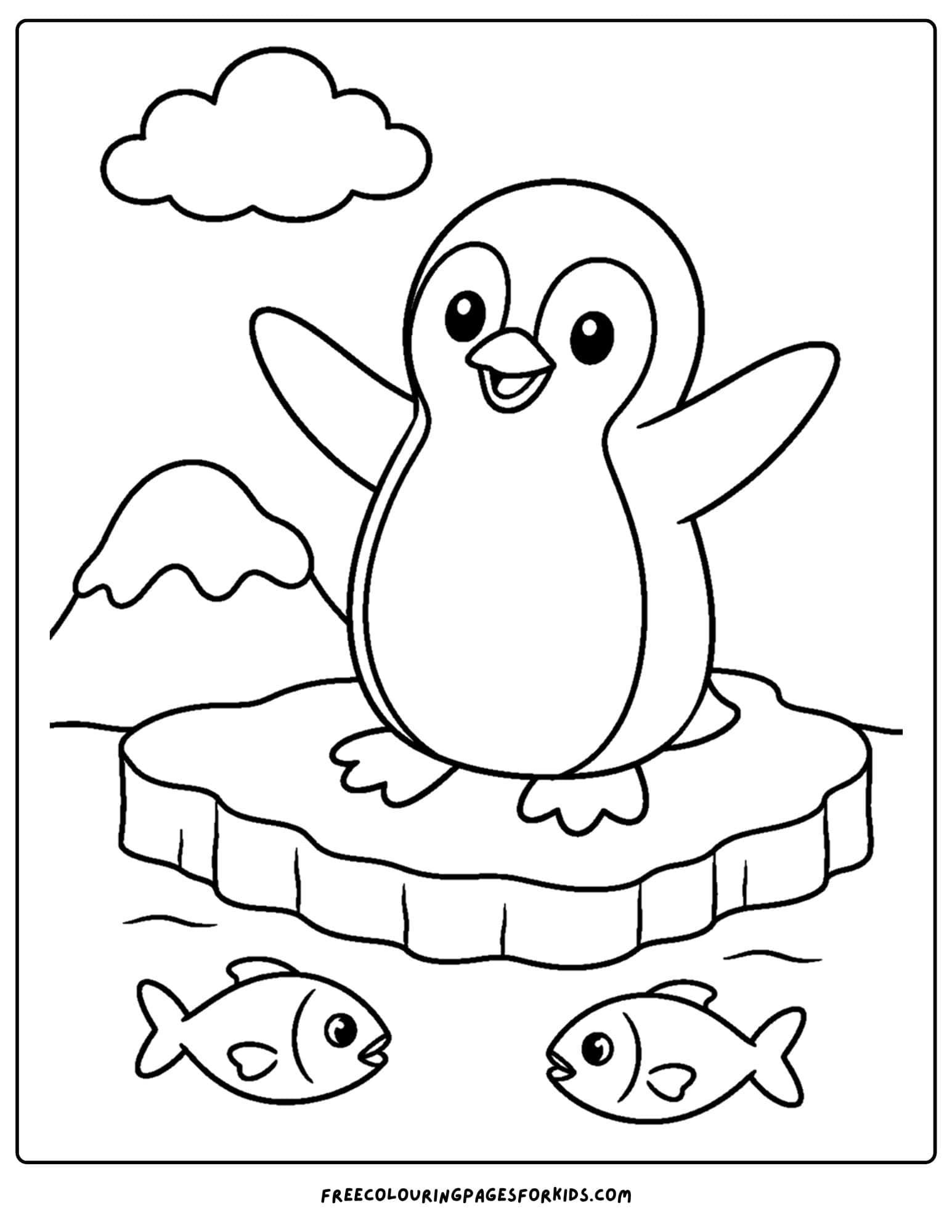 a coloring page of a penguin standing on the ice with fish below
