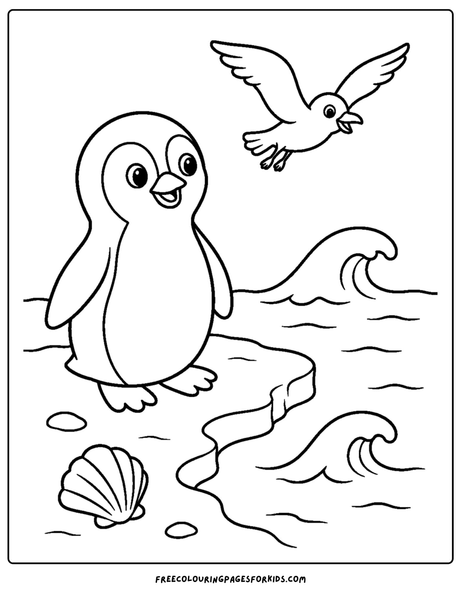 a coloring page of a penguin watching a seagull fly