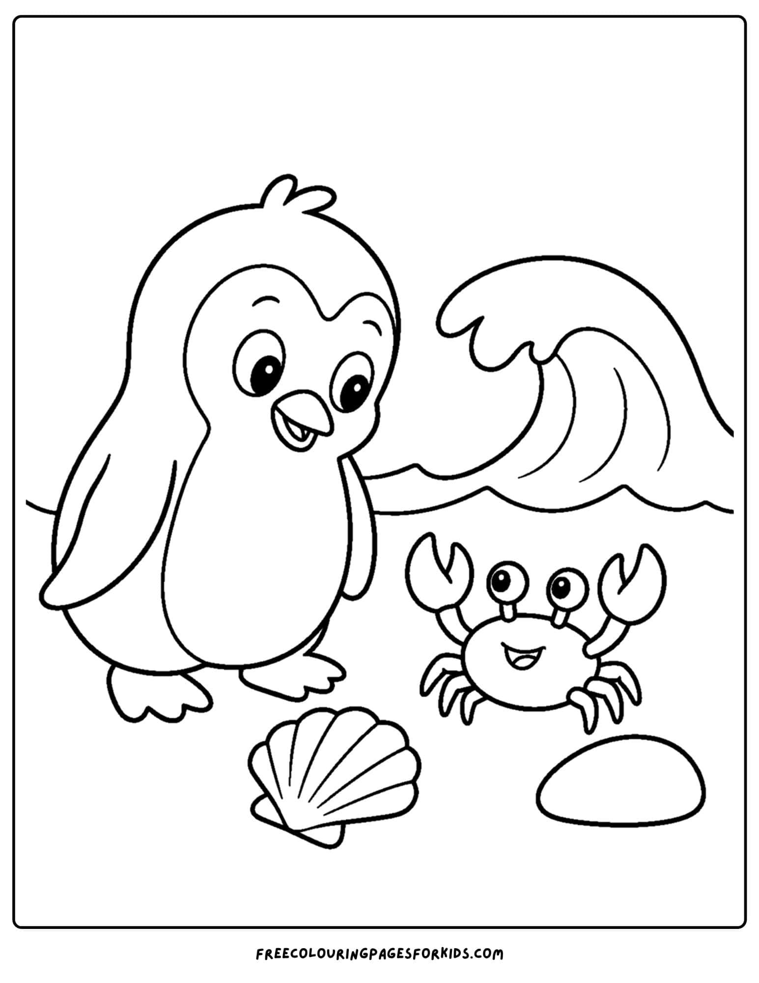 a coloring page of a penguin with a little crab