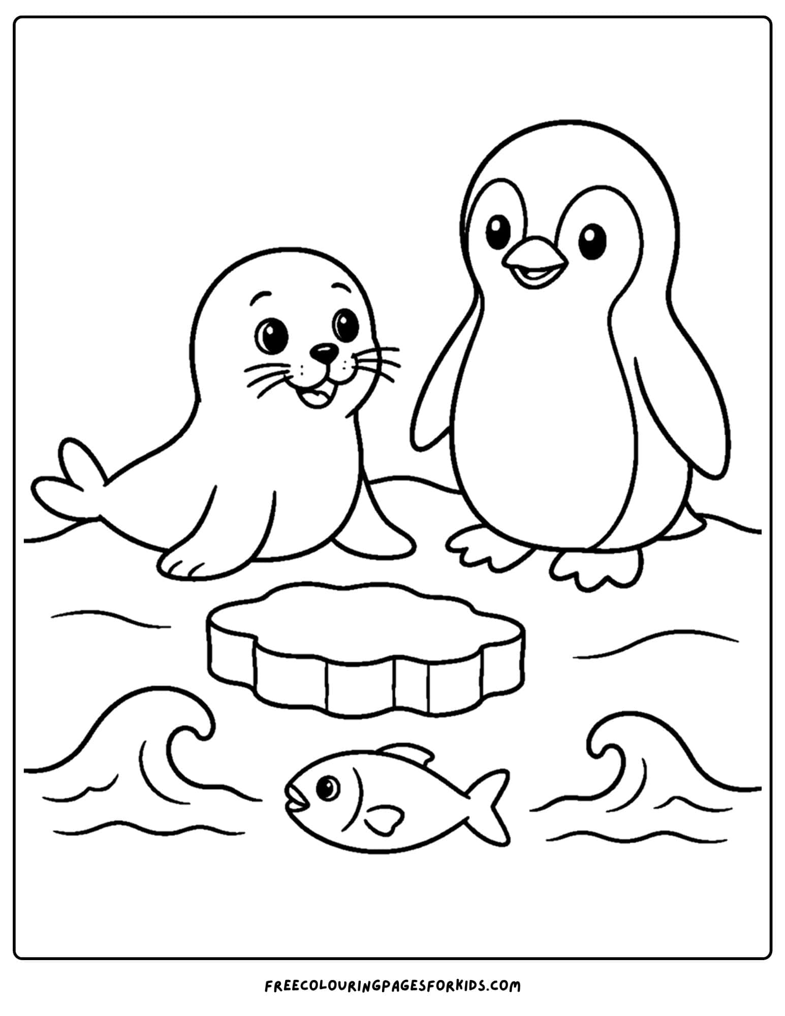 a coloring page of a penguin and a seal friend