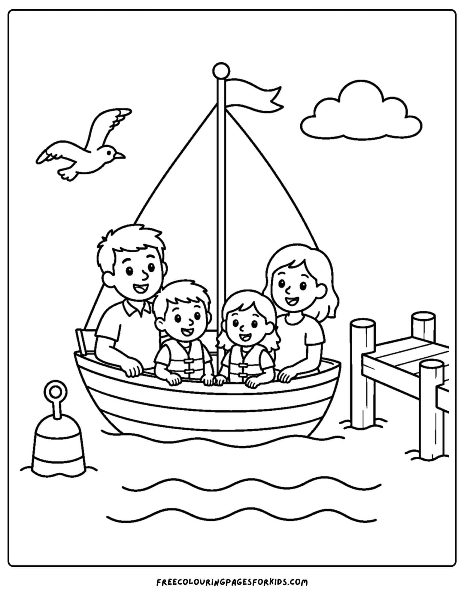 a coloring page of a sailing boat with the family onboard in the harbor