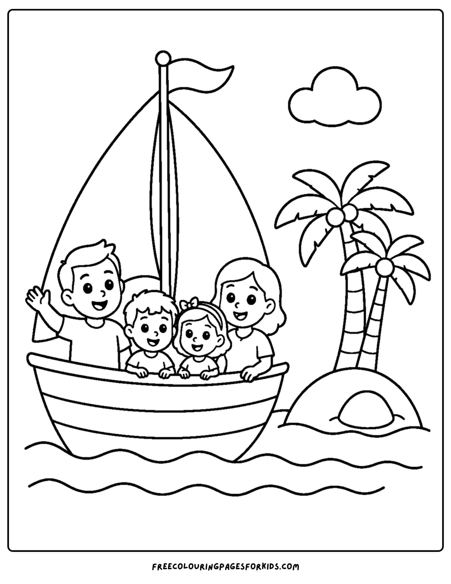 a coloring page of a sailing boat with a family onboard going past an island