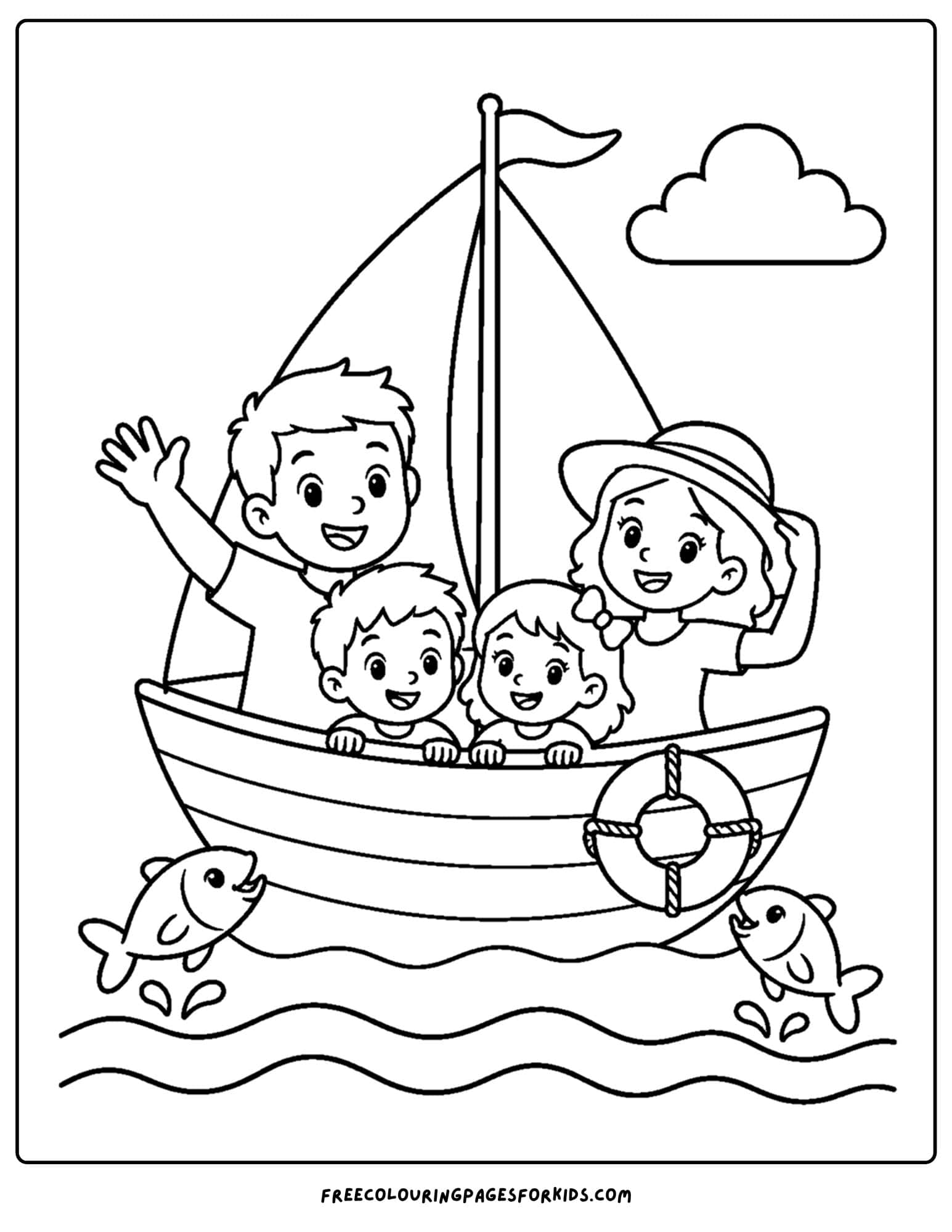 a coloring page of a sailing boat going past some fish as they jump from the water