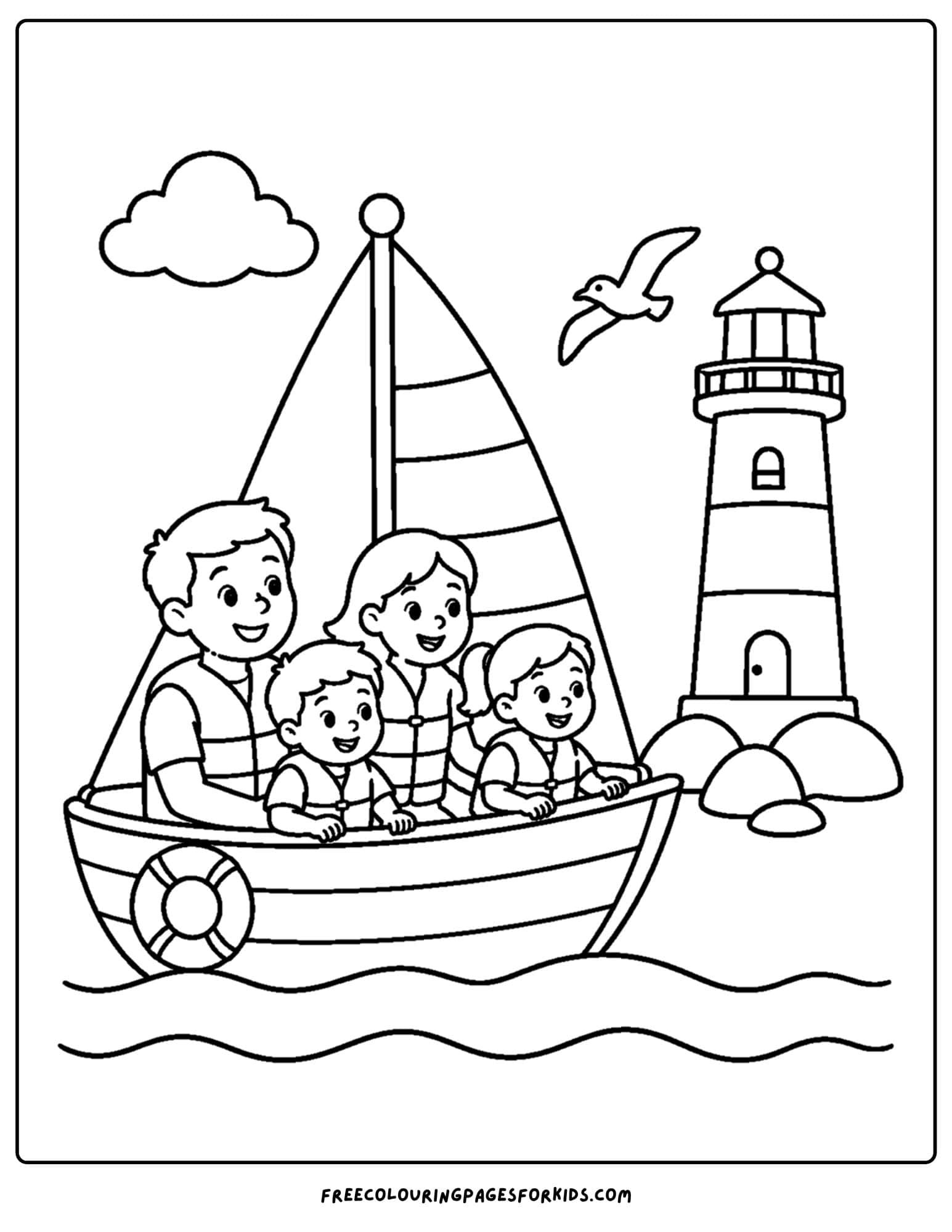 a coloring page of a sailing boat floating past a lighthouse