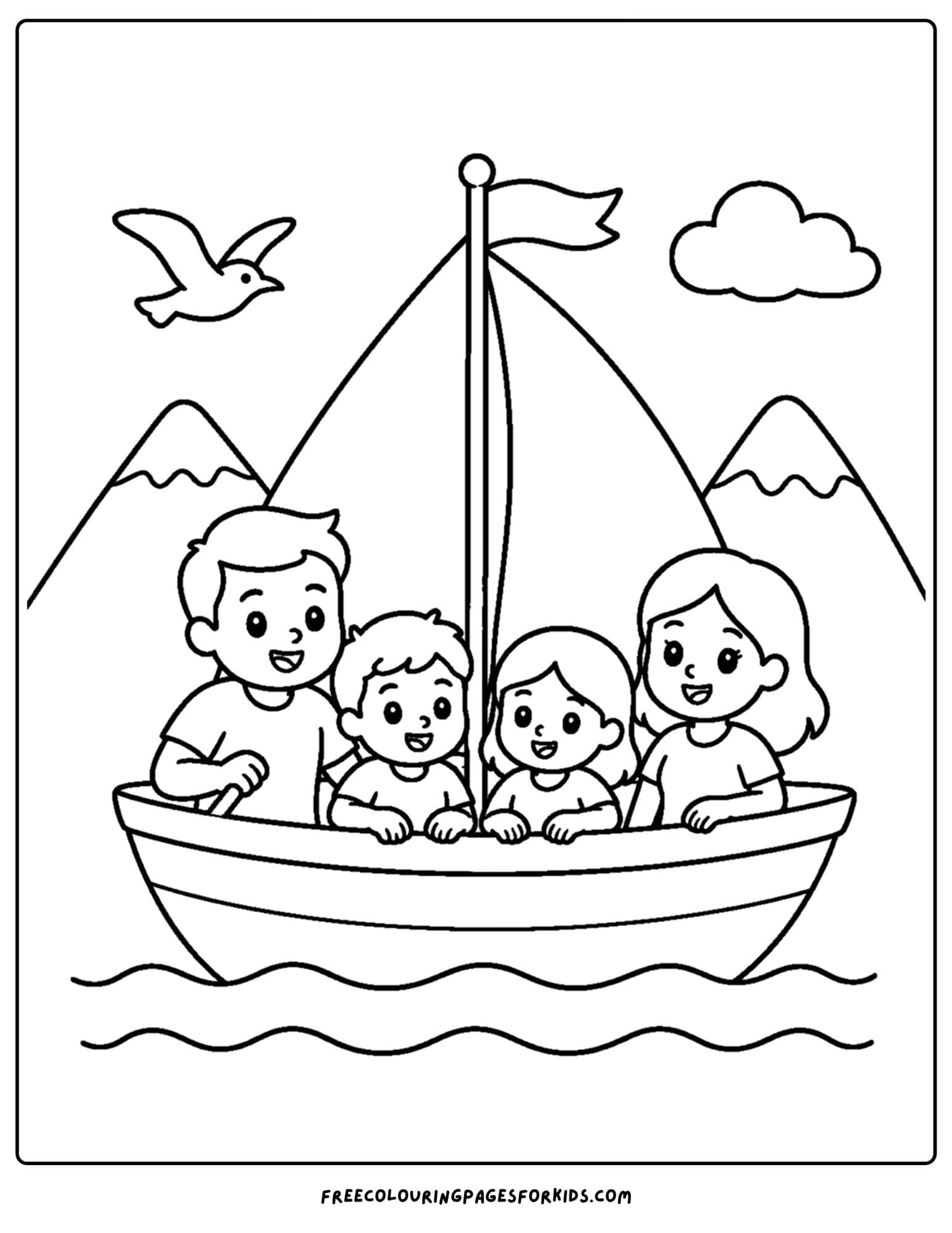 a coloring page of a sailing boat sailing past a mountain with a family onboard