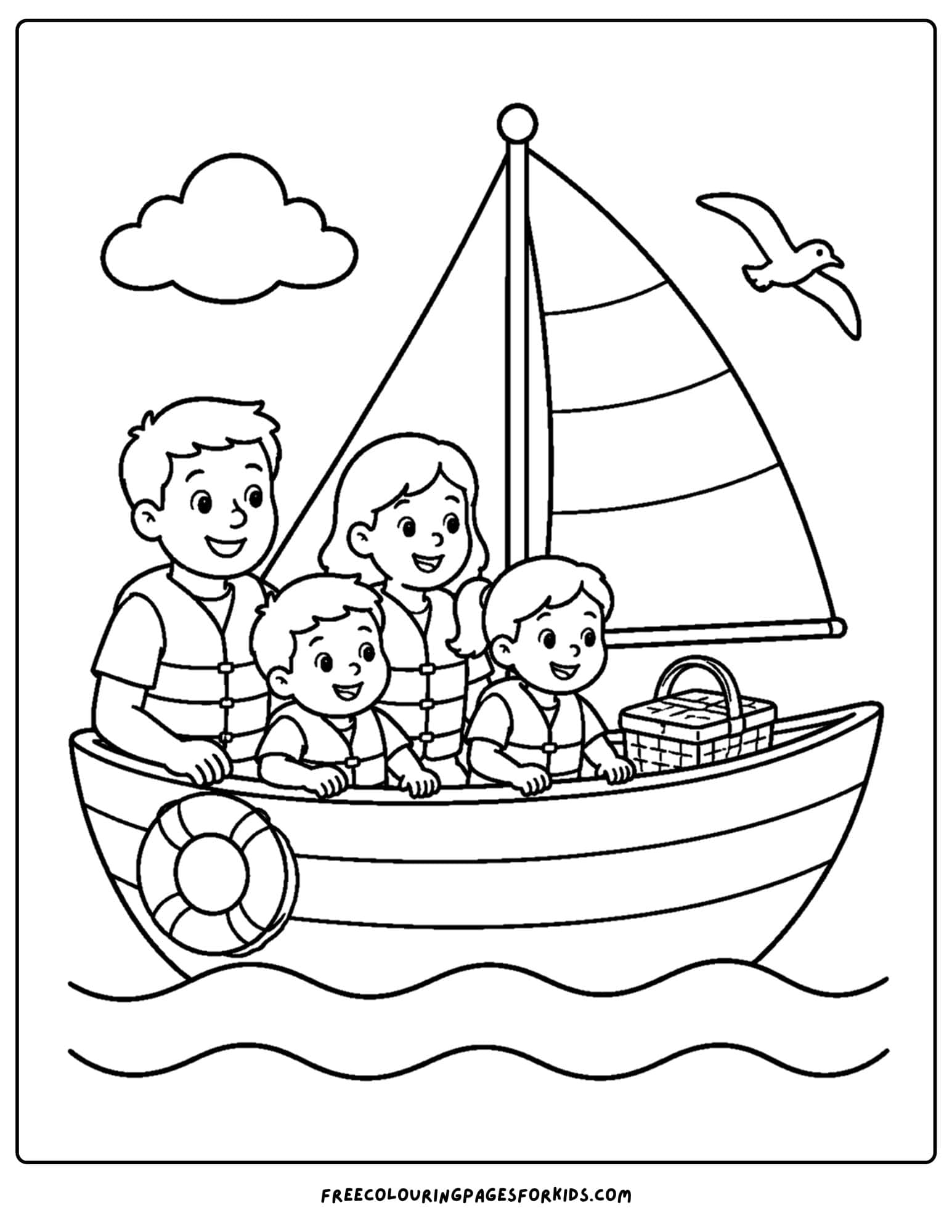 a coloring page of a sailing boat with a family going off to have a picnic on the boat