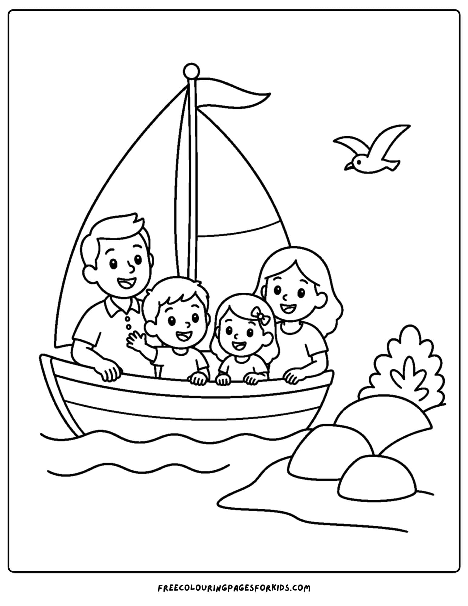 a coloring page of a sailing boat stopping at arocky shoreline