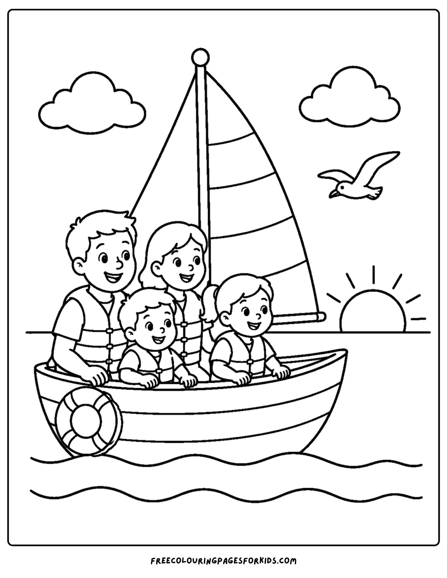 a coloring page of a sailing boat on a trip at sunset