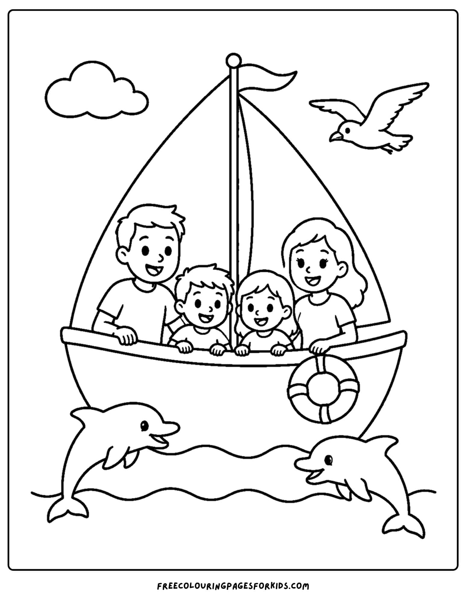 a coloring page of a sailing boat with dolphins jumping form the water beside it
