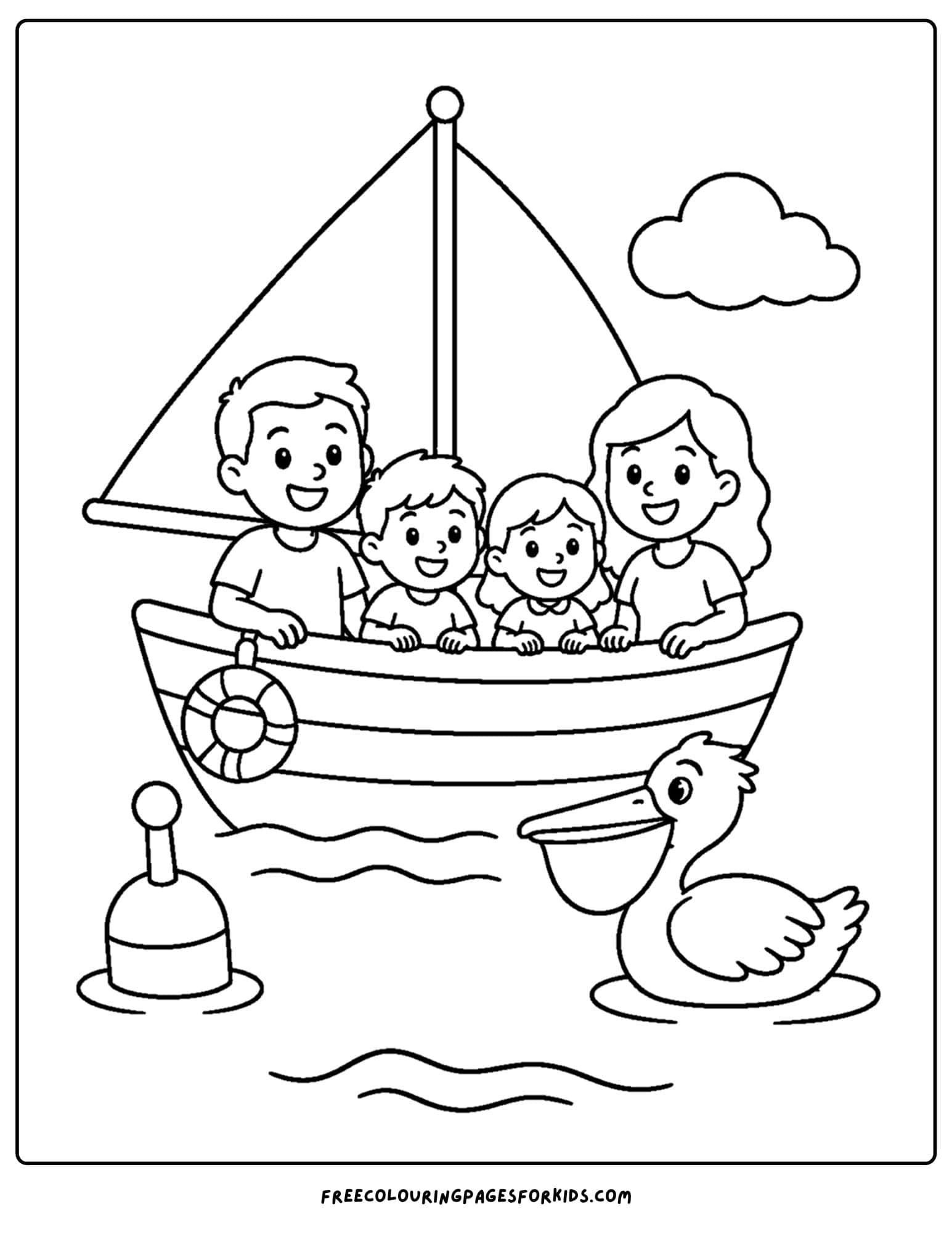 a coloring page of a sailing boat passing a pelican in the water