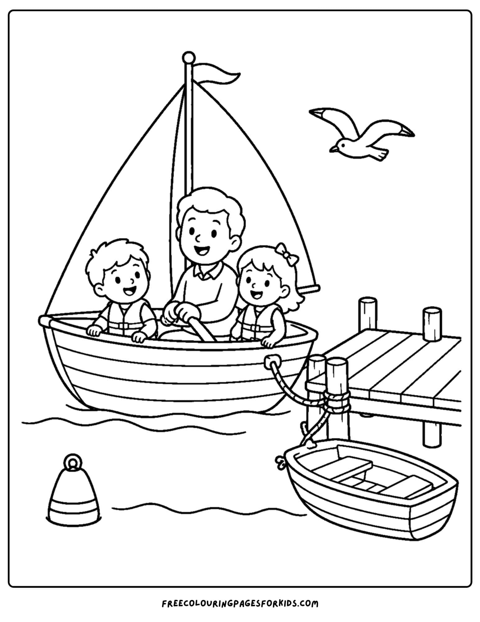 a coloring page of a sailing boat tied up at the wooden dock