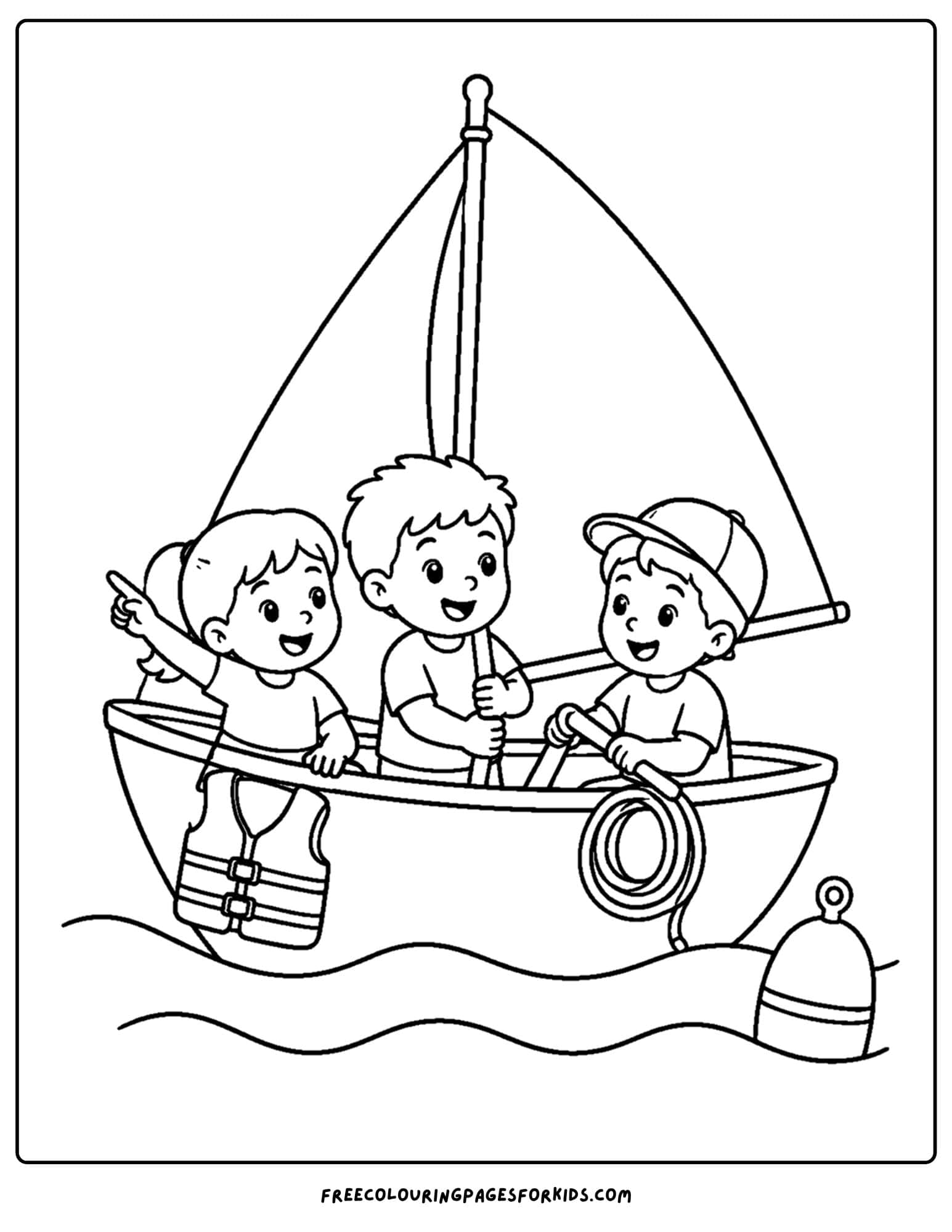 a coloring page of a sailing boat with friends going on on the boat to learn to sail