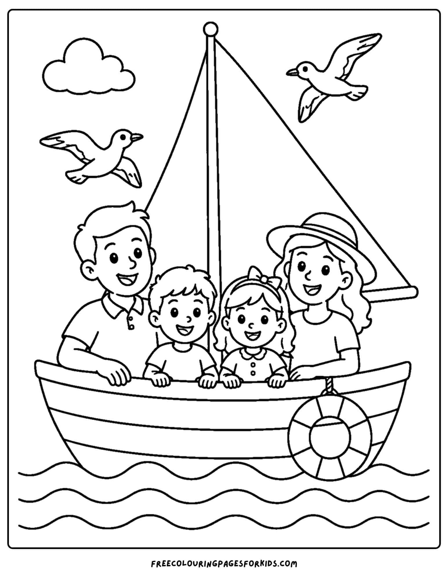 a coloring page of a sailing boat with a gappy family onboard