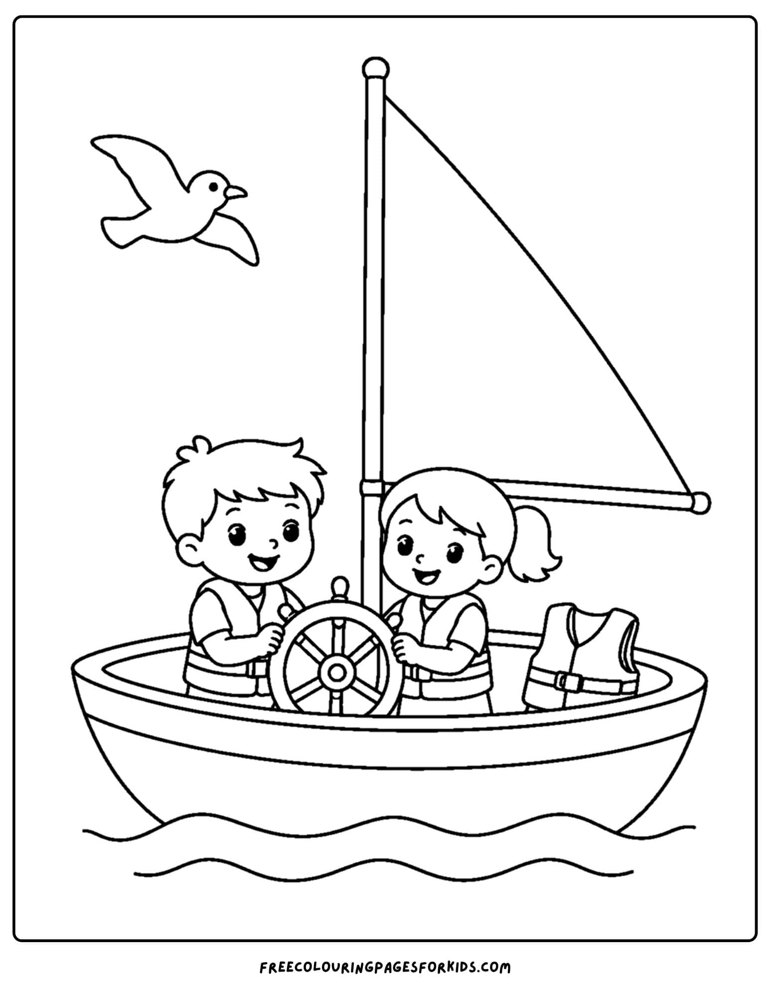 a coloring page of a sailing boat with two kids at the helm