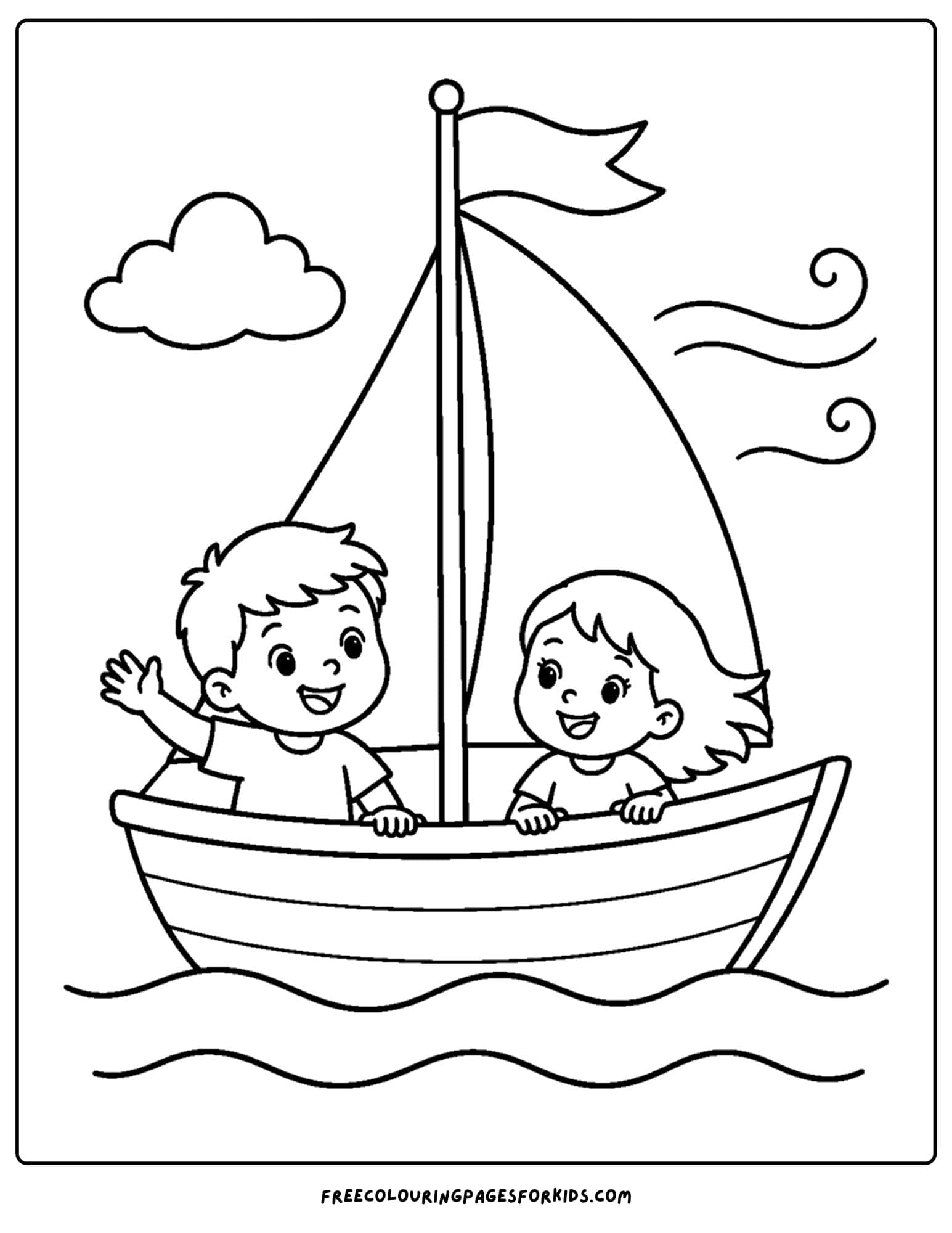 a coloring page of a sailing boat out on the water on a windy day