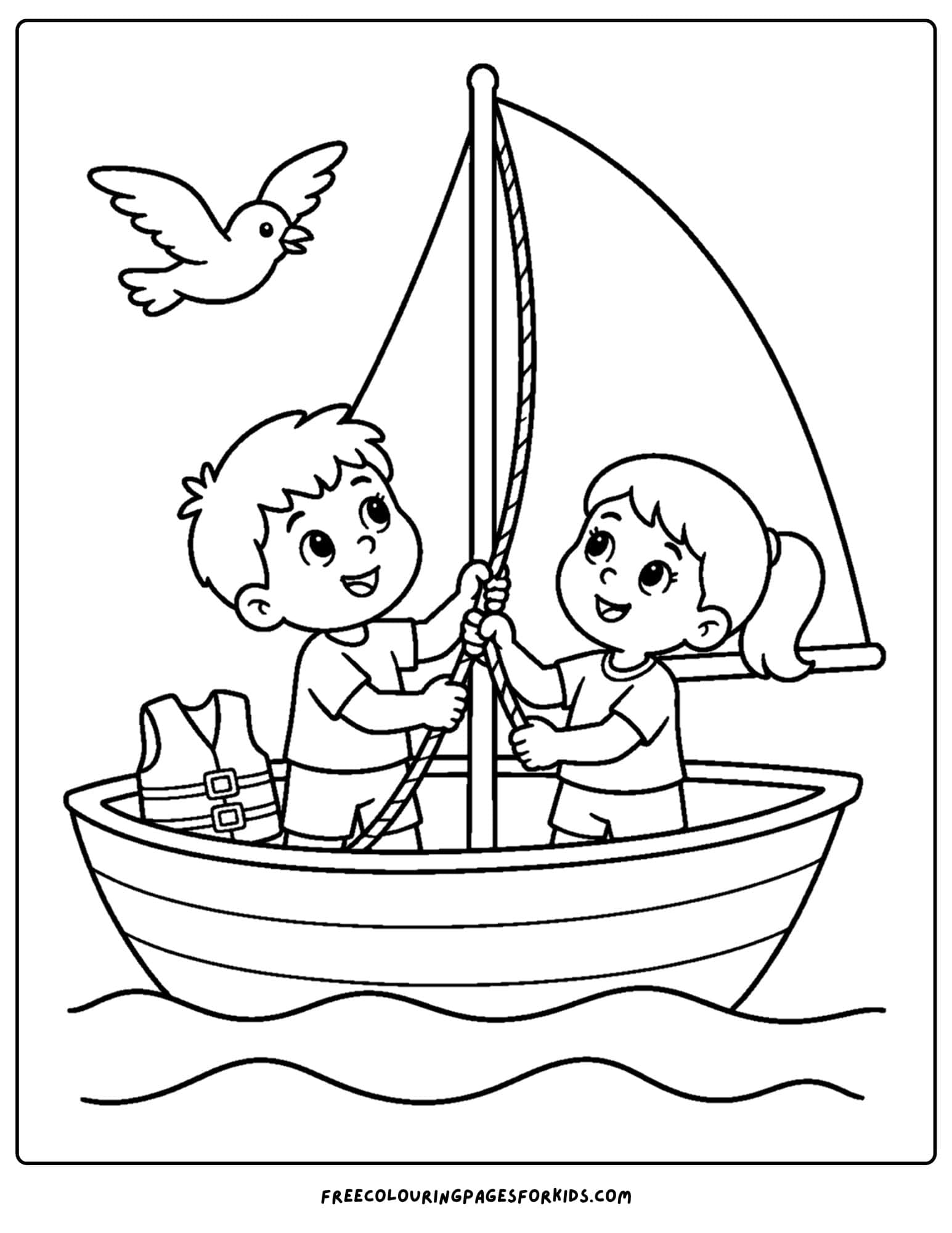 a coloring page of a sailing boat with the kids onboard checking the sail