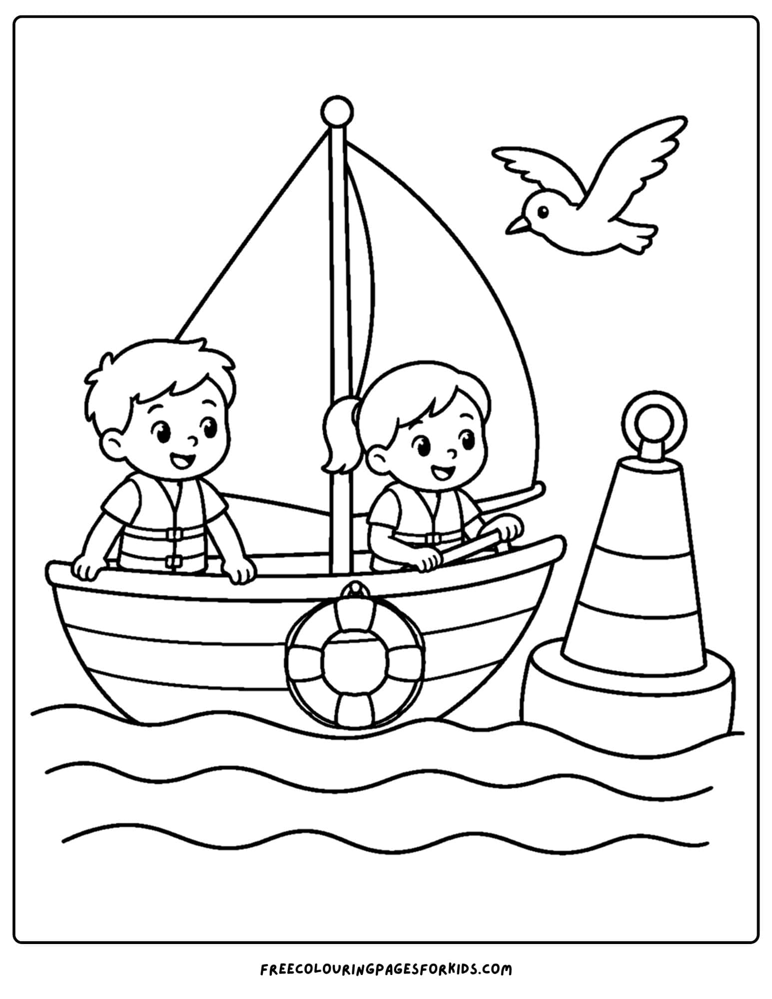 a coloring page of a sailing boat passing a big buoy