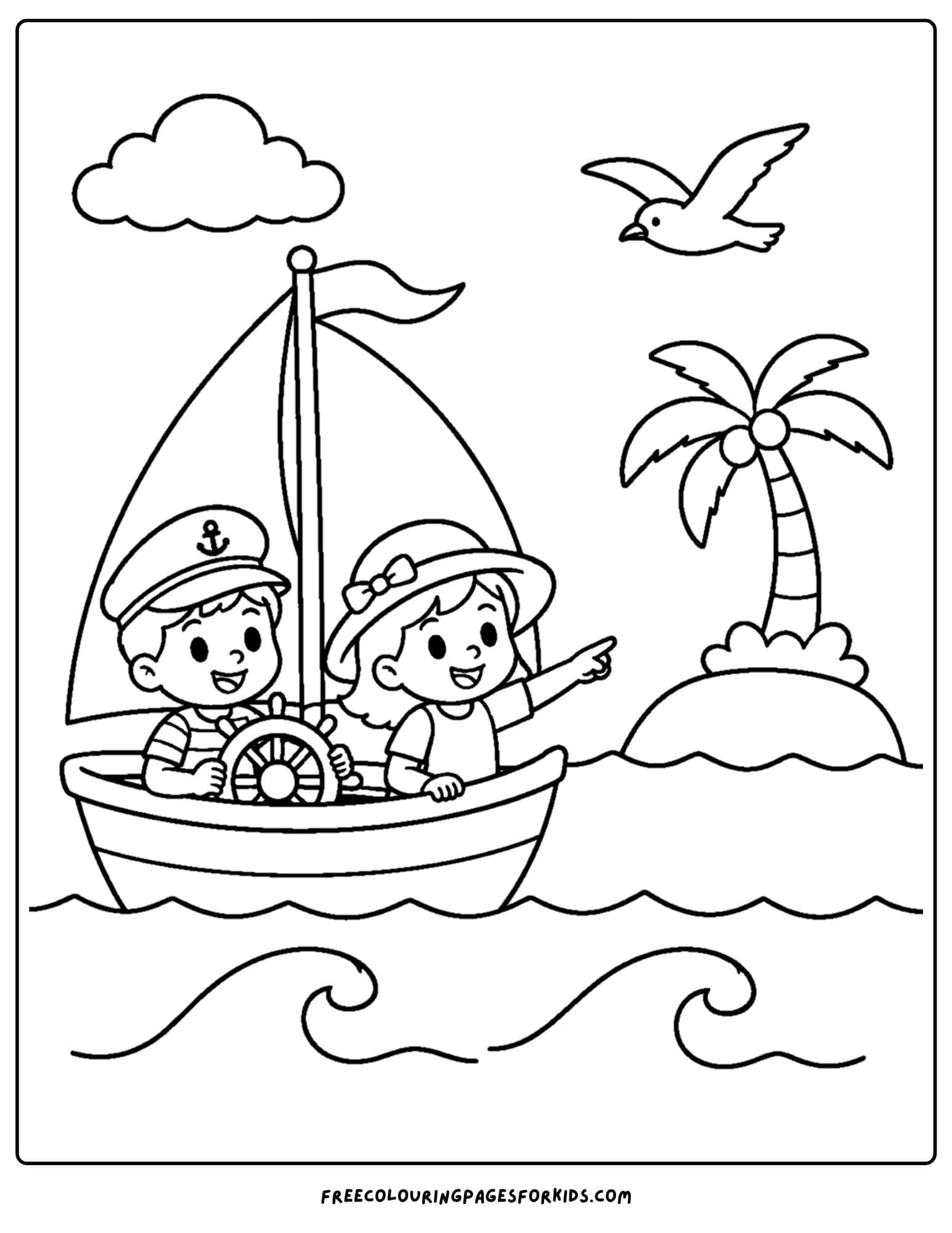 a coloring page of a sailing boat sailing past a small island with a palm tree