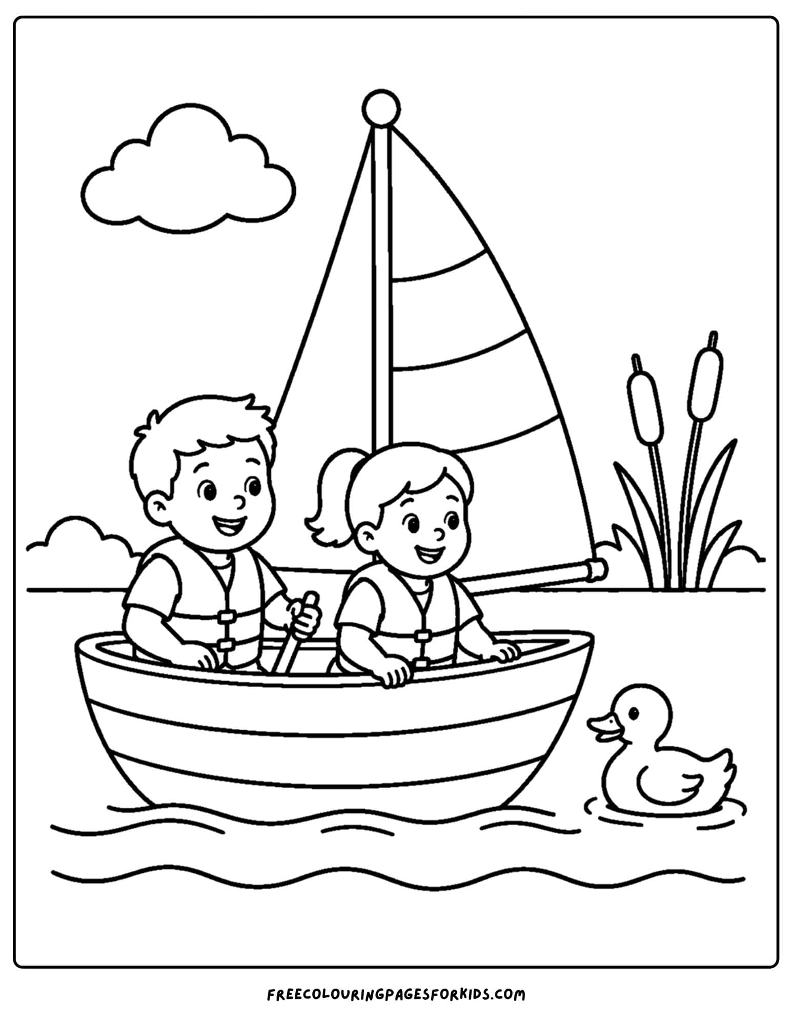 a coloring page of a sailing boat with kids sailing it on the lake