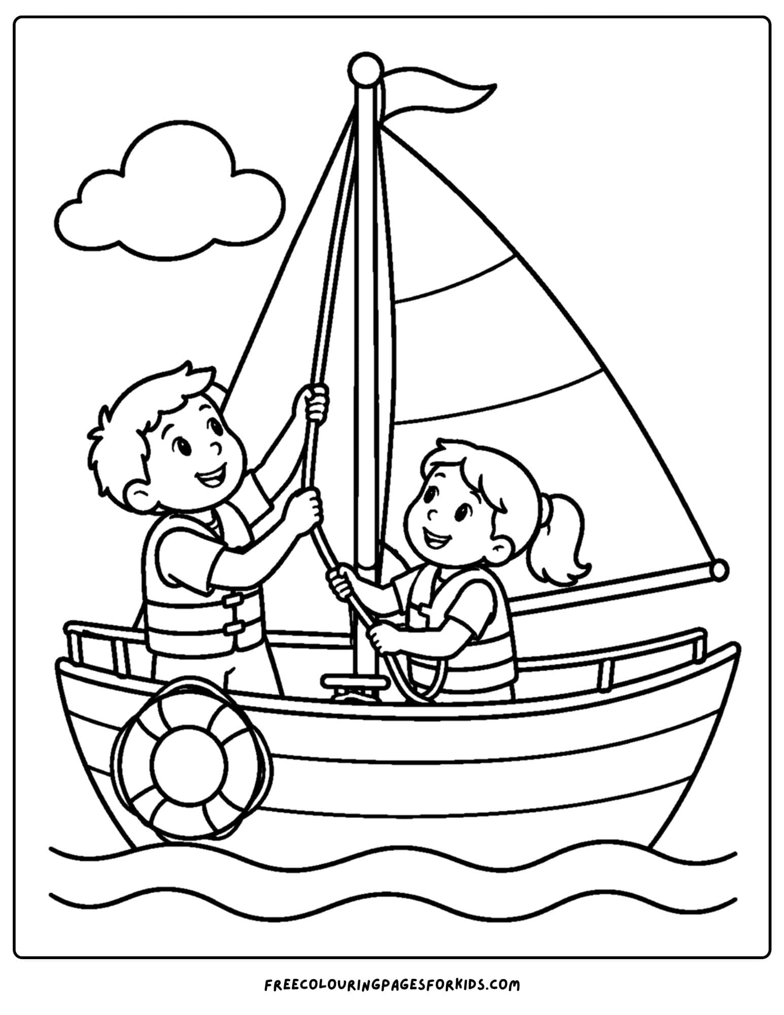 a coloring page of a sailing boat with the kids onboard raising the sail