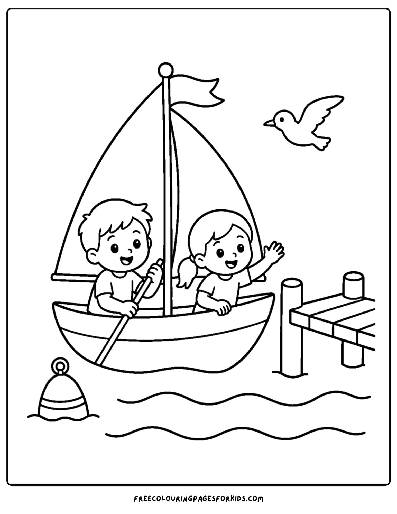 a coloring page of a sailing boat coming into the jetty to dock